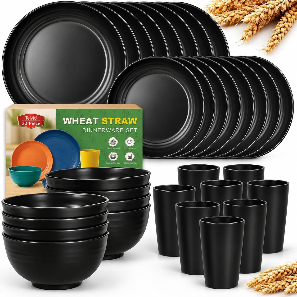Teivio 32-Piece Plates and Bowls Sets for 8, Black Kitchen Dinnerware Sets