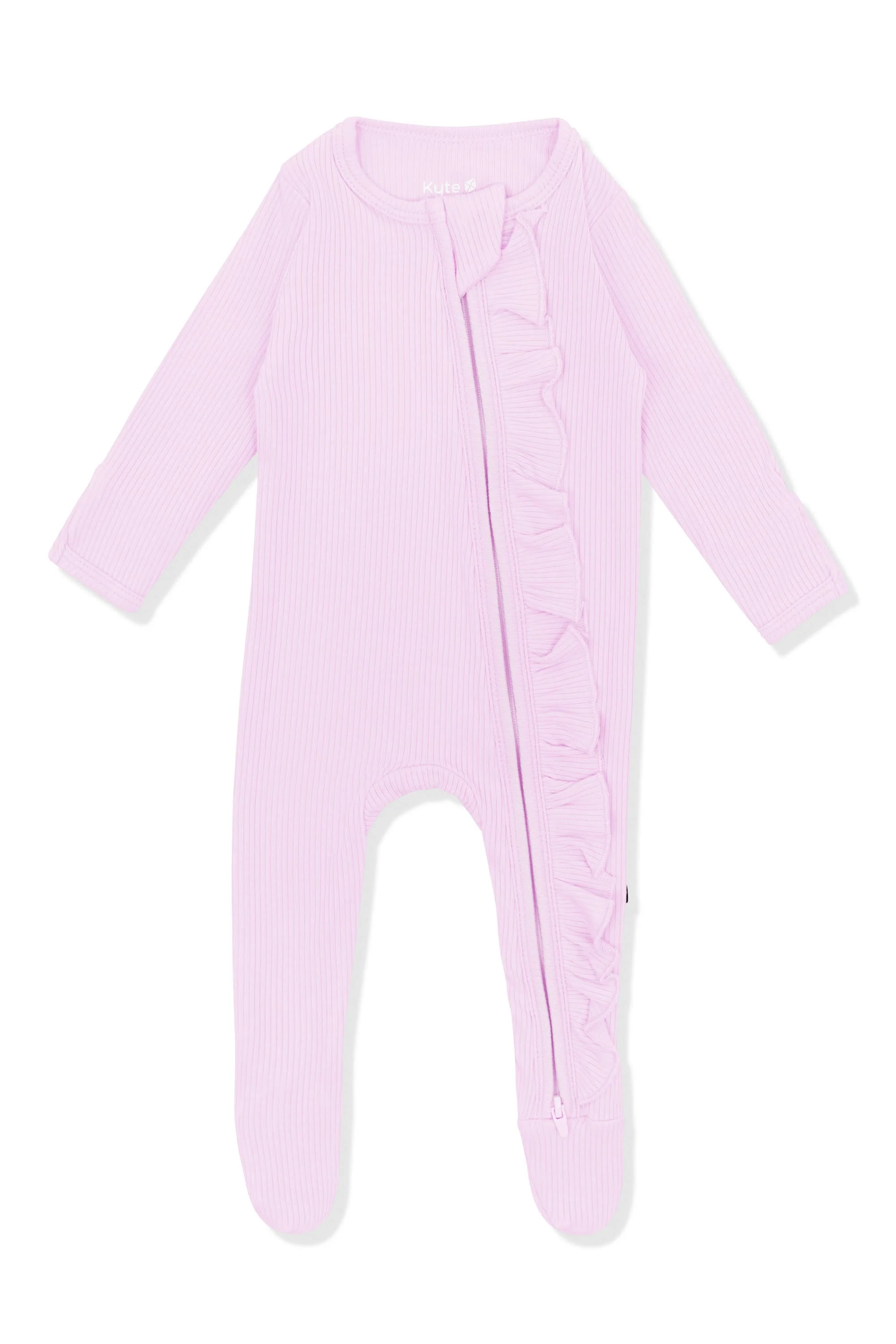 Ribbed Ruffle Zipper Footie in Thistle