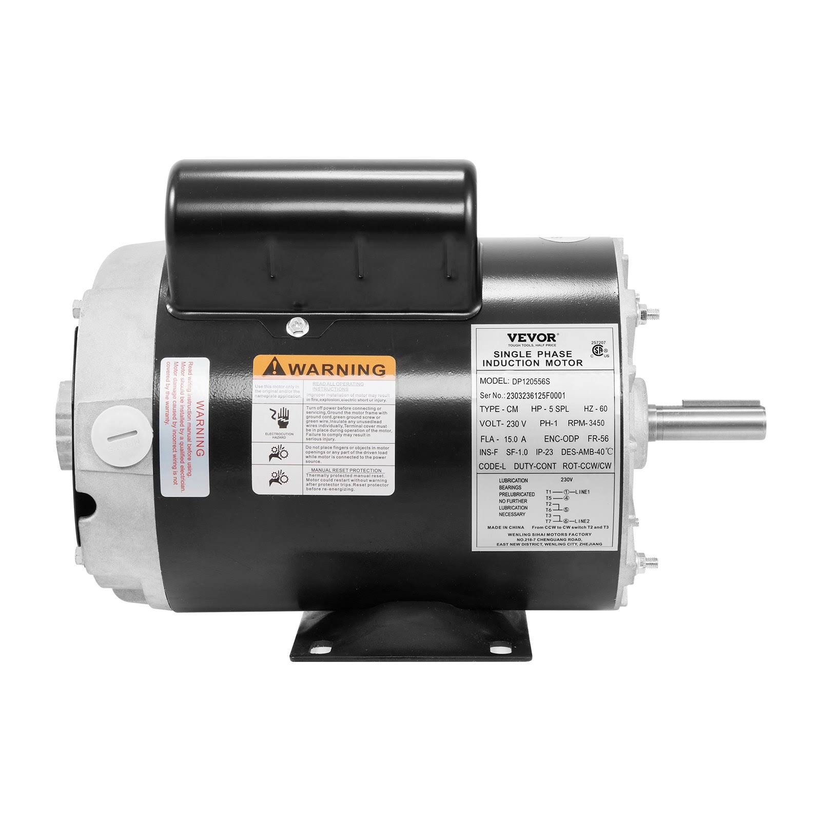 VEVOR 5HP SPL Air Compressor Electric Motor, 230V 15.0Amps, 56 Frame 3450RPM, 5/8