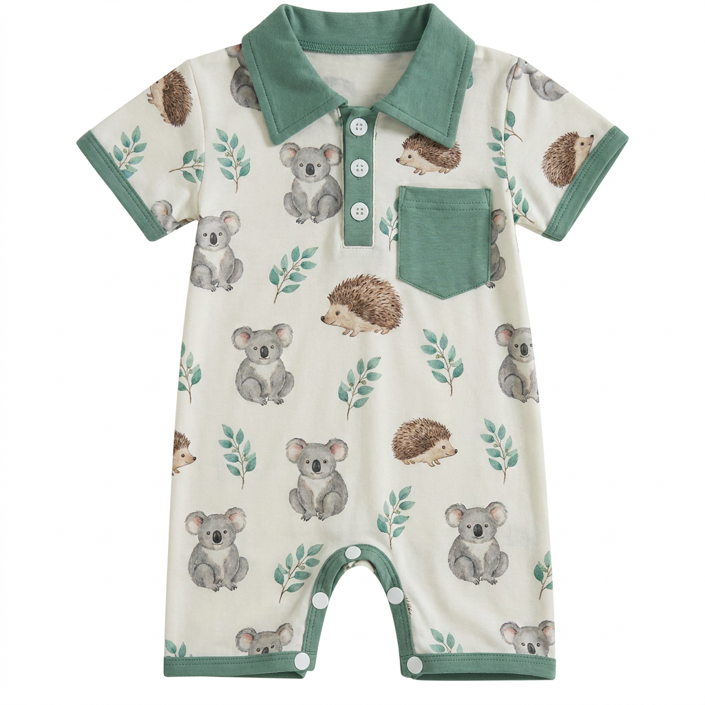 Half Button Placket Colorful Printed Cute Pattern Breathable Comfortable Cotton Fabric Baby Romper Summer Vacation Weekend Trip