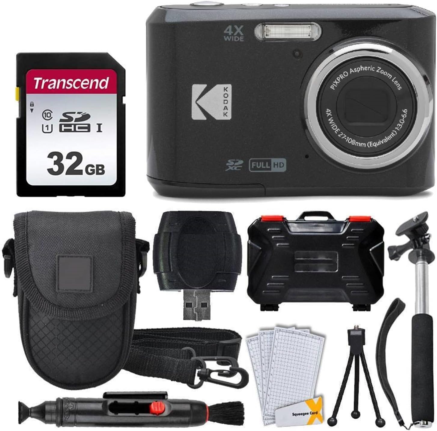 Kodak PIXPRO FZ45 Digital Camera  32GB Memory Card  Point and Shoot Camera Case  Extendable Monopod  Lens Cleaning Pen  LCD Screen Protectors  Table Top Tripod â€“ Ultimate Bundle (Black)
