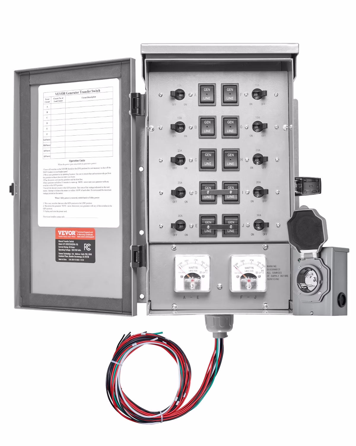 VEVOR Manual Transfer Switch, 50 - Amp 10 - Circuit, Prewired Generator Transfer Switch Kit with CS6375 Plug Power Inlet Box, Double - Throw Switch, NEMA 3R, Mechanical Watt Meter, for 12500W Generators