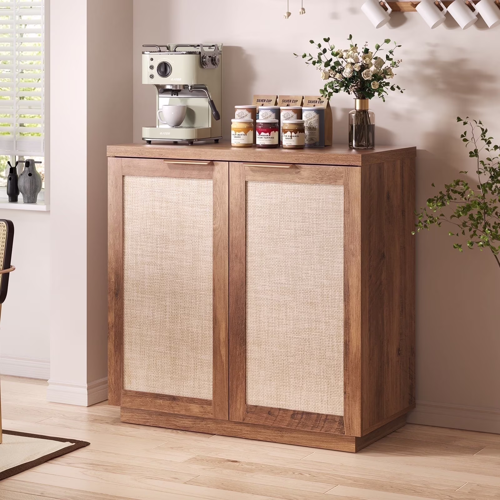 Sideboard Buffet Cabinet Rattan Kitchen Storage Organizer with 5-Position Adjustable Shelf 2 Doors Boho Farmhouse Accent Cabinets TV Console for Living Dining Room Coffee Bar(31.5" x 15.55" x 31.5"/Single)