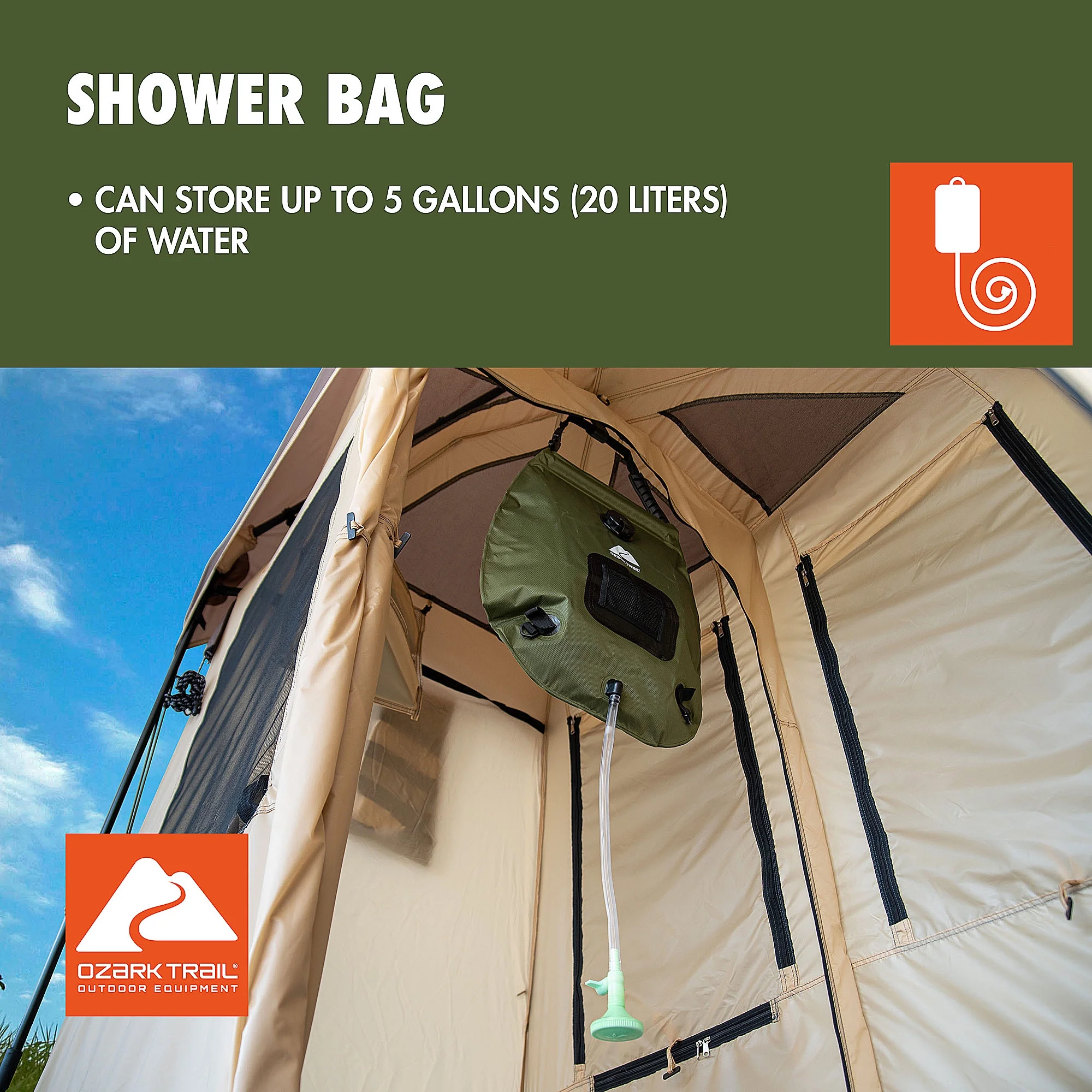 Ozark Trail 2 - Room Shower & Utility Tent Combo Includes 5 - Gallon Water Container, Easy Setup, Maximum Occupancy Is 2. Khaki Colour