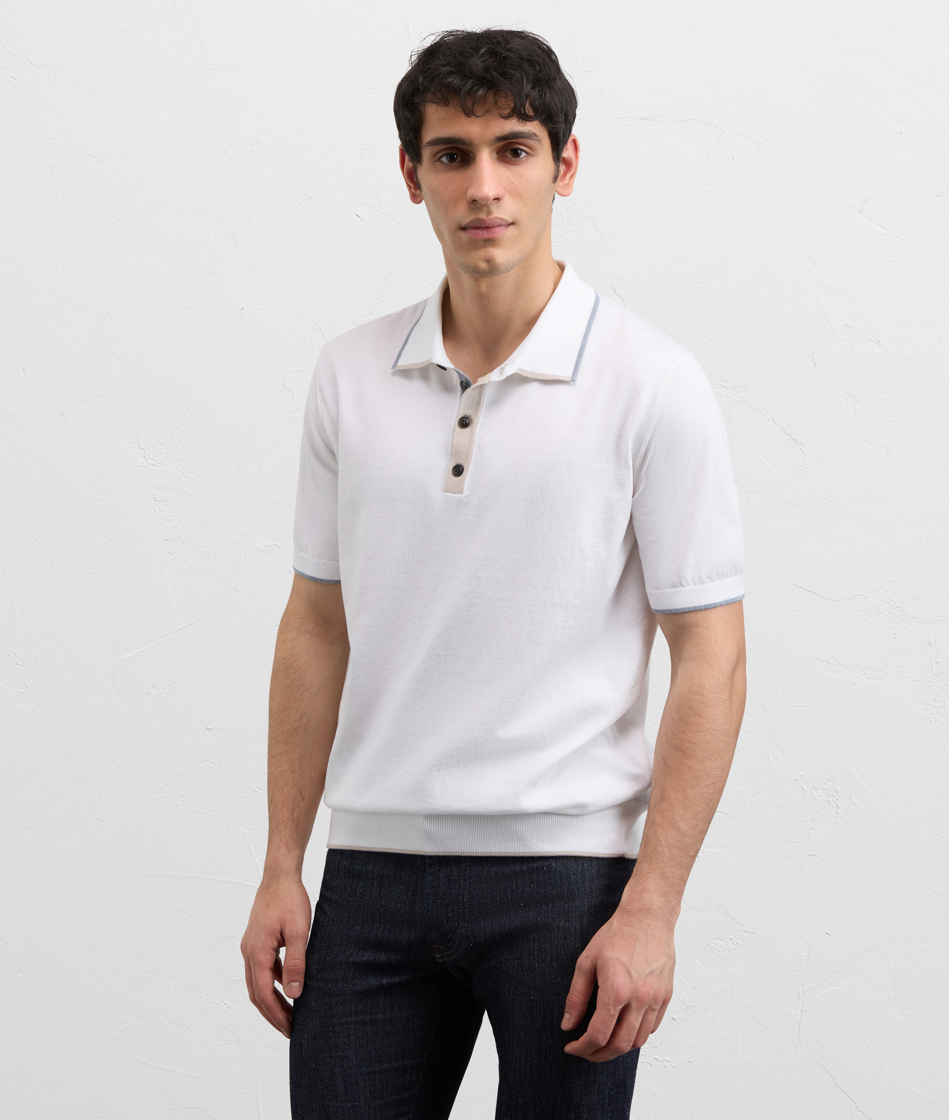 WHITE COTTON KNIT SHORT SLEEVED POLO SHIRT WITH INLAY DETAILS
