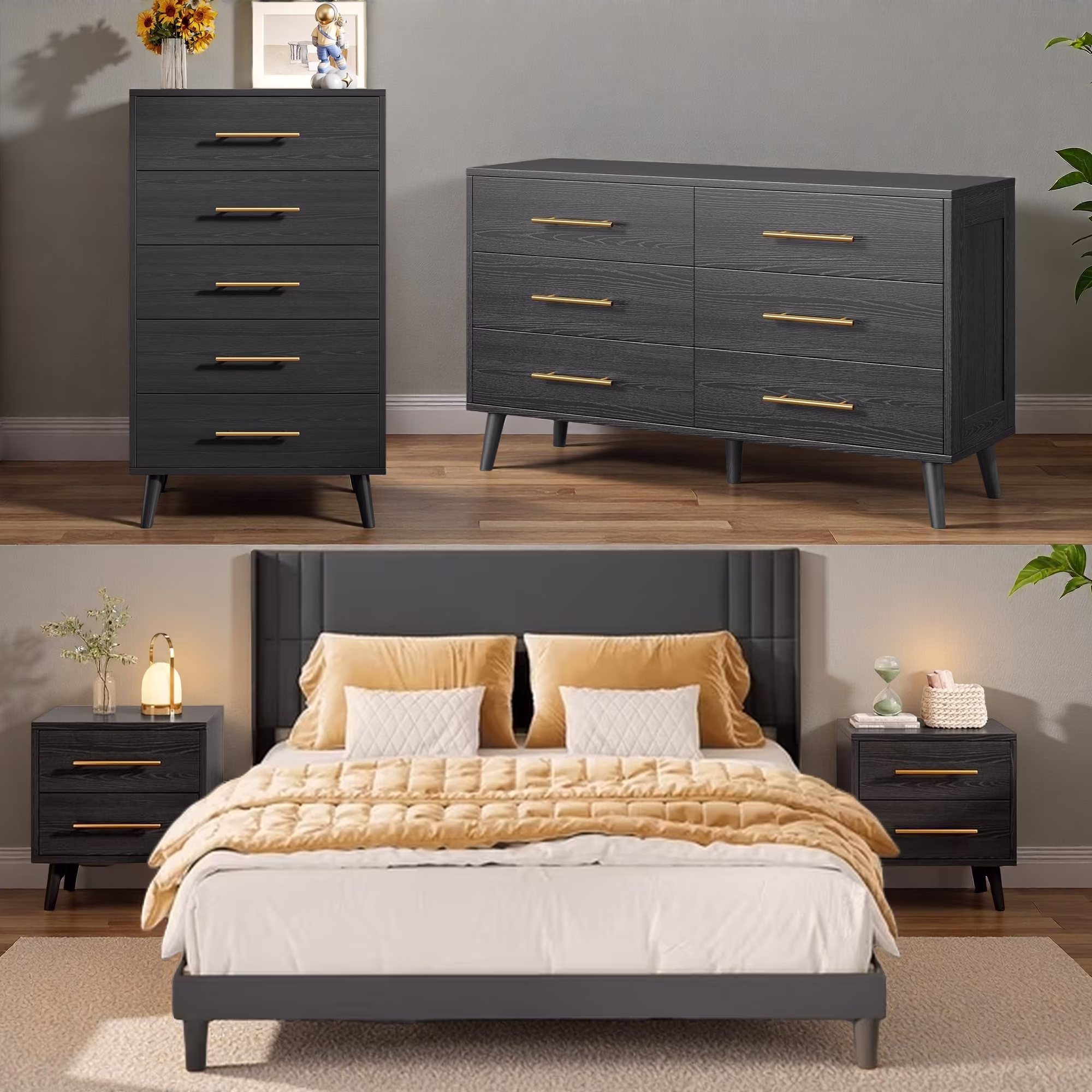 King Bedroom Furniture Set Includes One King Bed Frame, Two Nightstands and 2 Dressers for Modern Home Decor