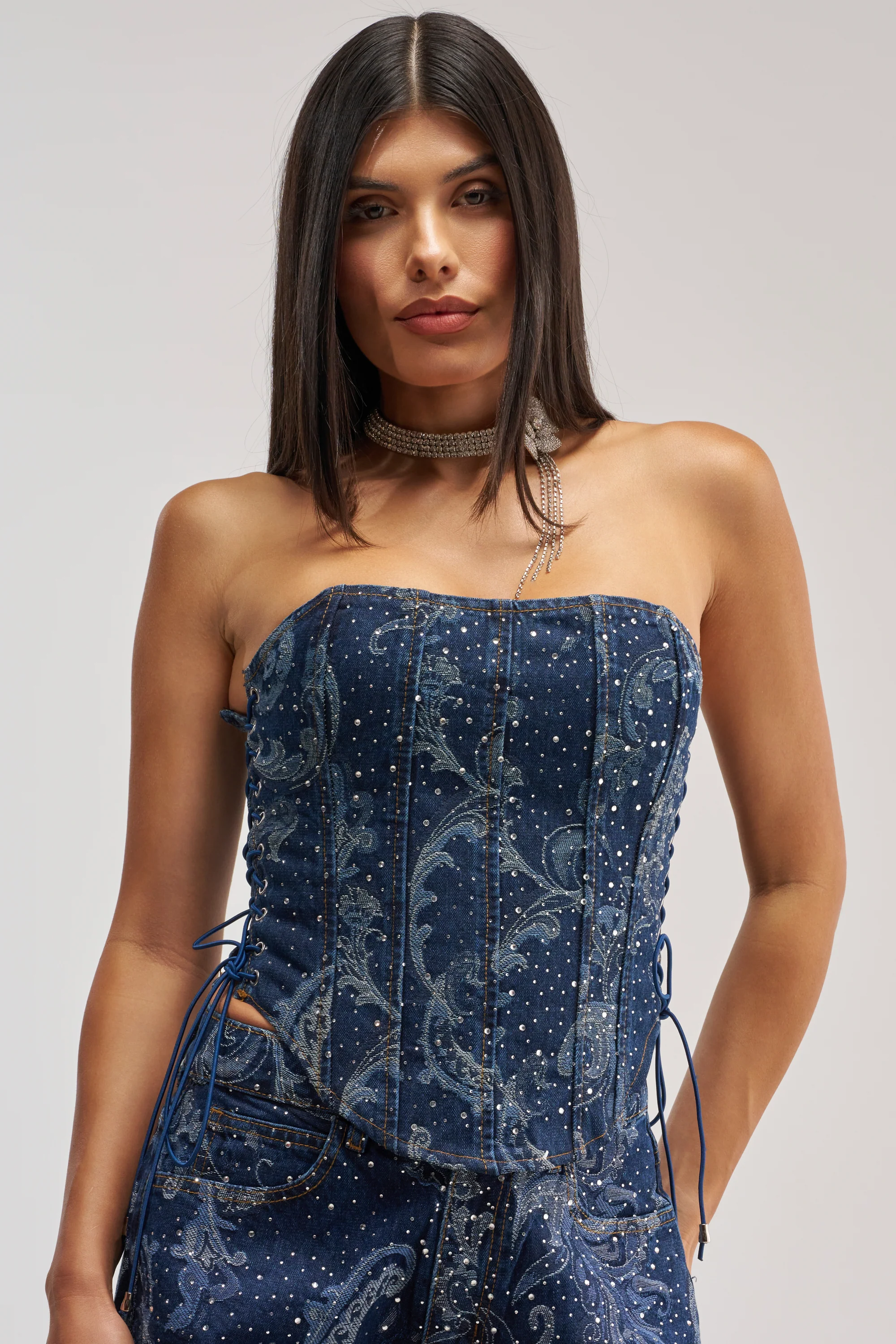ELEVATED DENIM CORSET WITH RHINESTONES - Akira Store