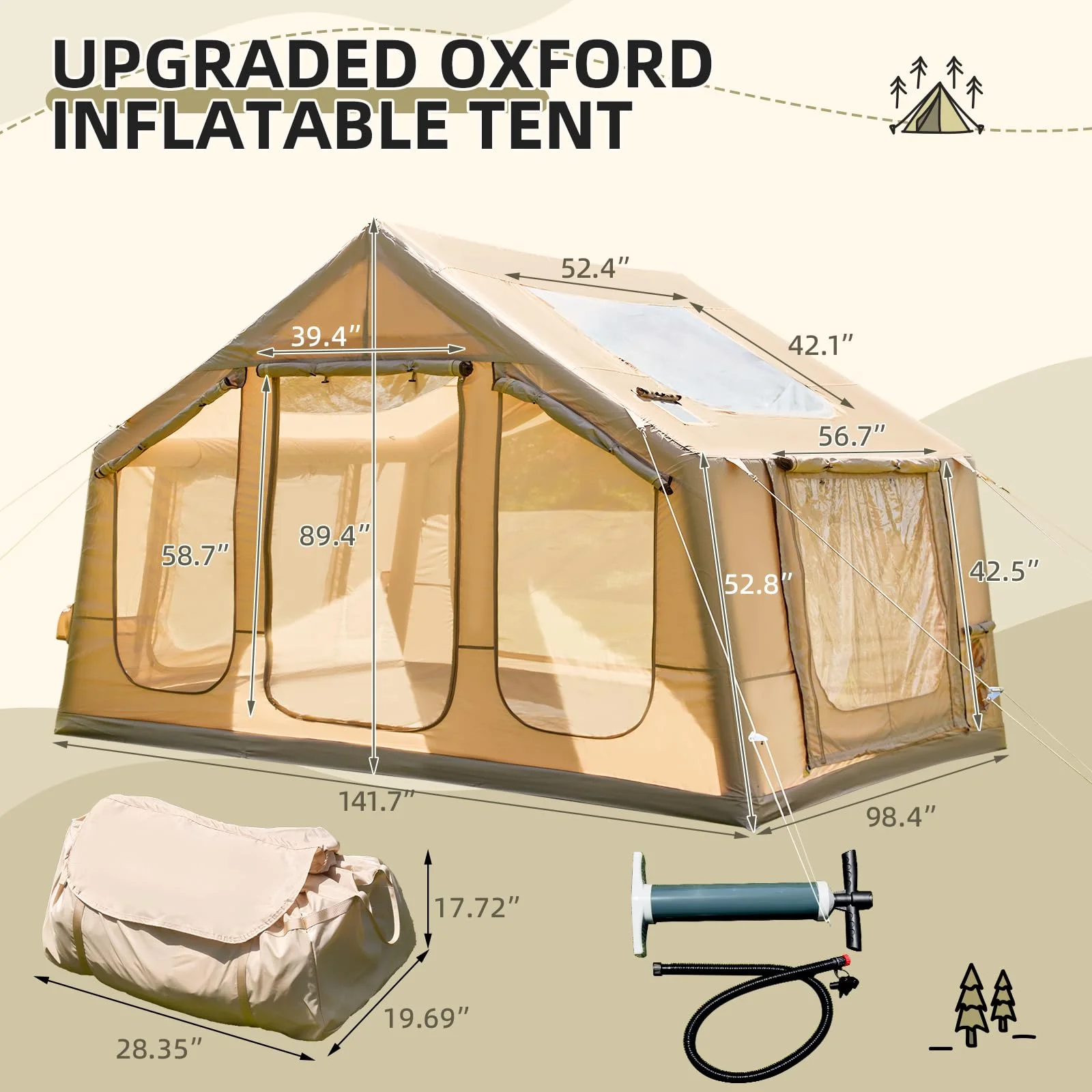 12'x8' Inflatable Tent, 96 SFT Blow Up Tent for Camping, 4 Season Oxford Glamping Tents with Clear Skylight, Pump Stove Jack(300D Oxford-Beige + Skylight) - Image 10
