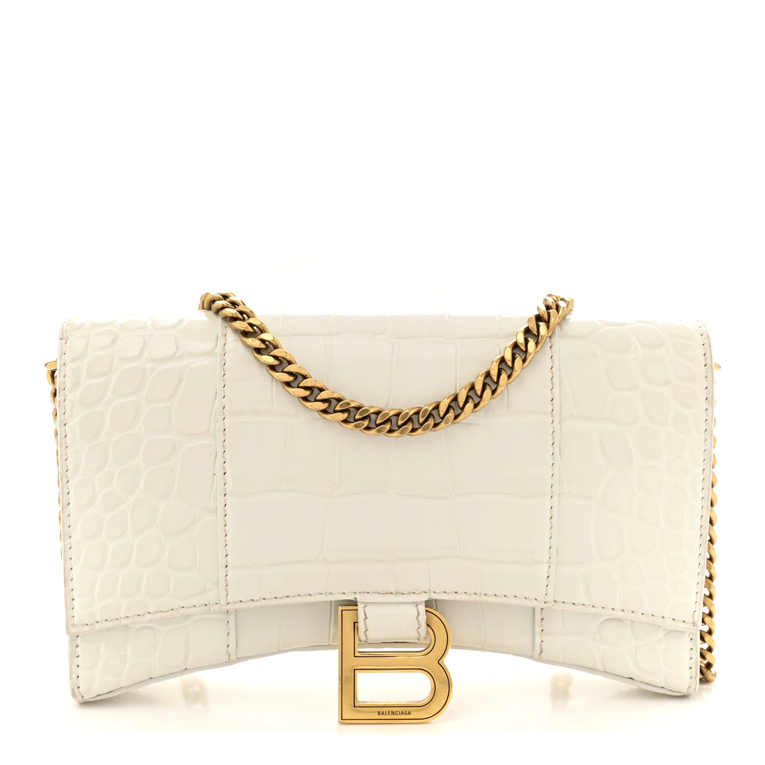 Shiny Calfskin Crocodile Embossed Hourglass Chain Bag White