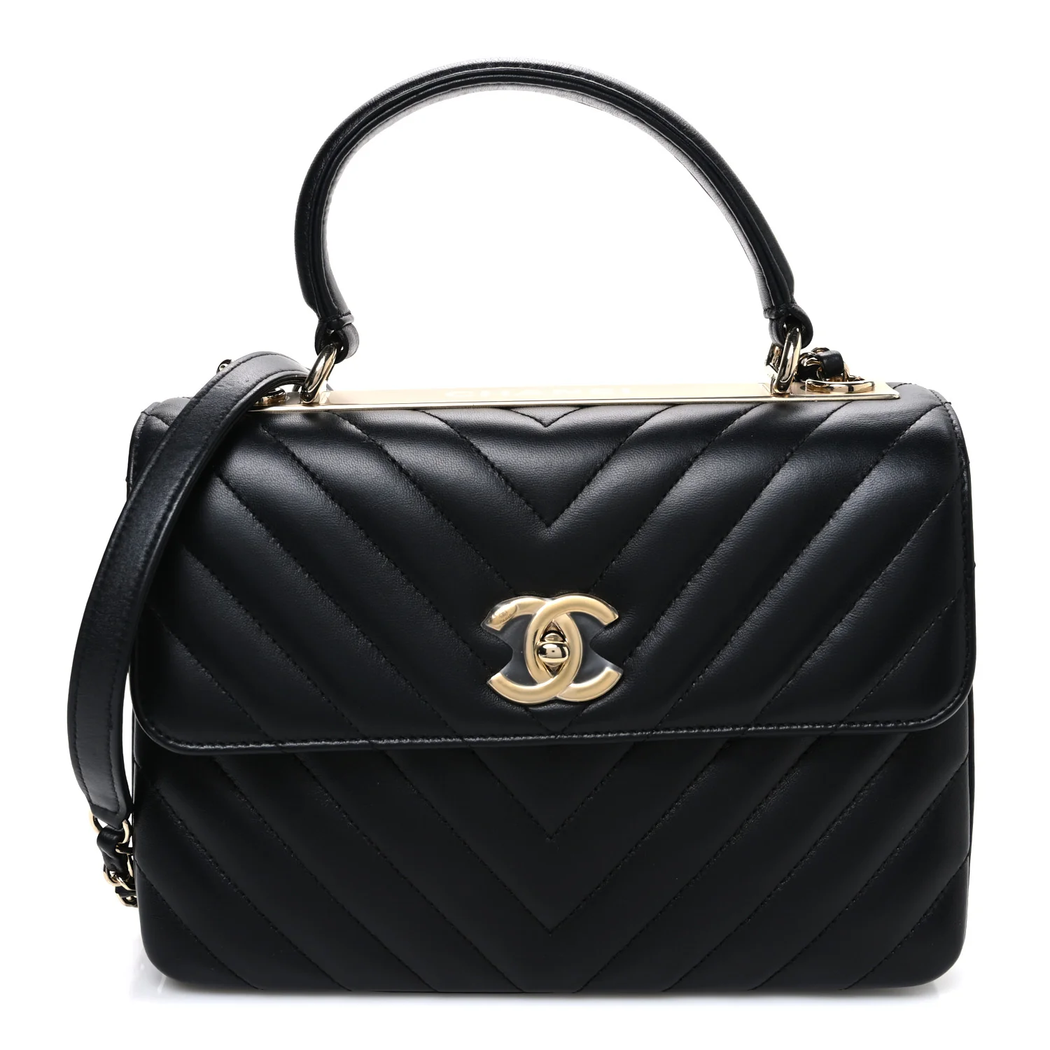 Lambskin Chevron Quilted Small Trendy CC Flap Dual Handle Bag Black