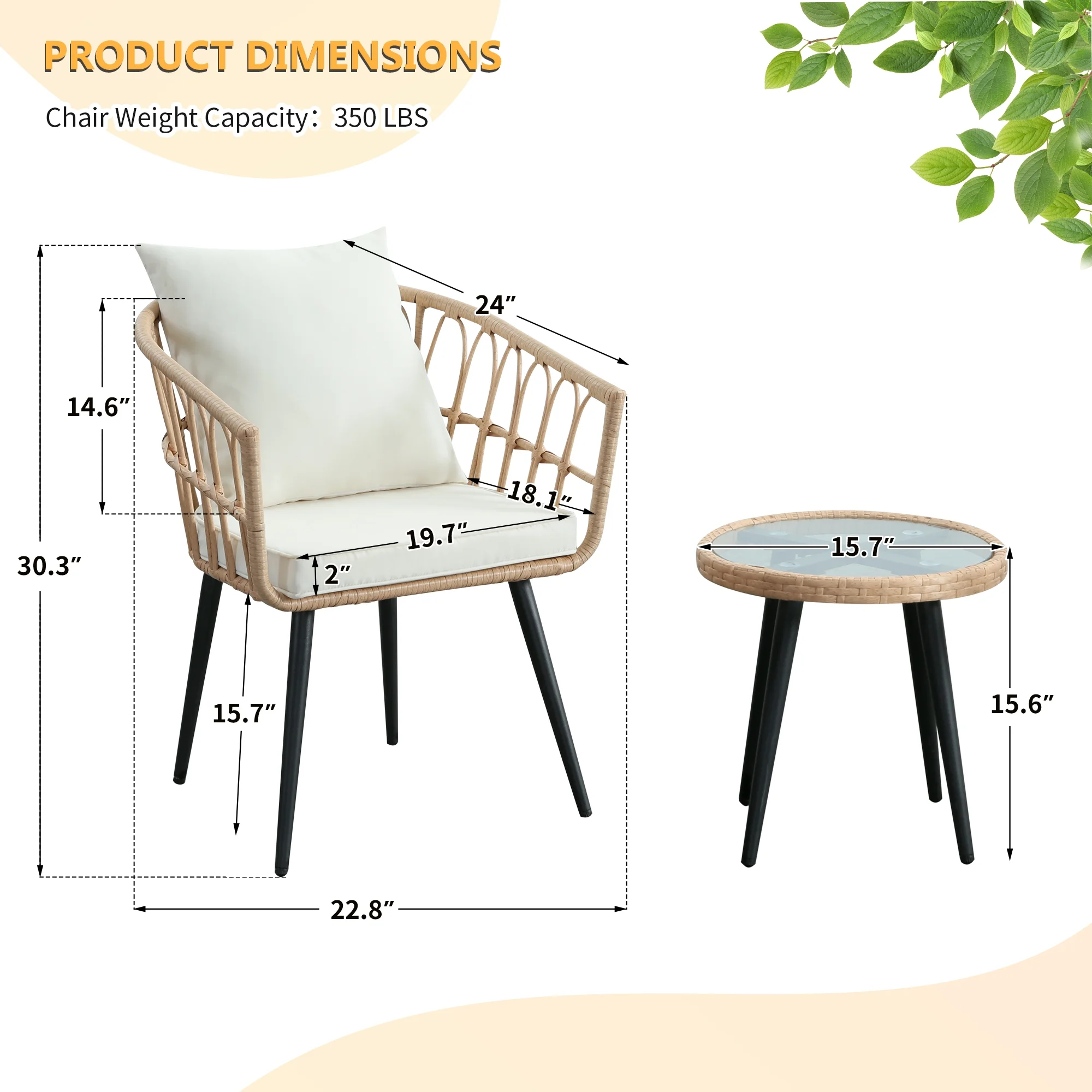 3 Piece Patio Bistro Set, Outdoor Wicker Apartment Balcony Furniture Sets, Rattan Table and Chairs Set of 2 for Porch Backyard Lawn Poolside Deck, Beige(3 PCS/Beige) Image 4