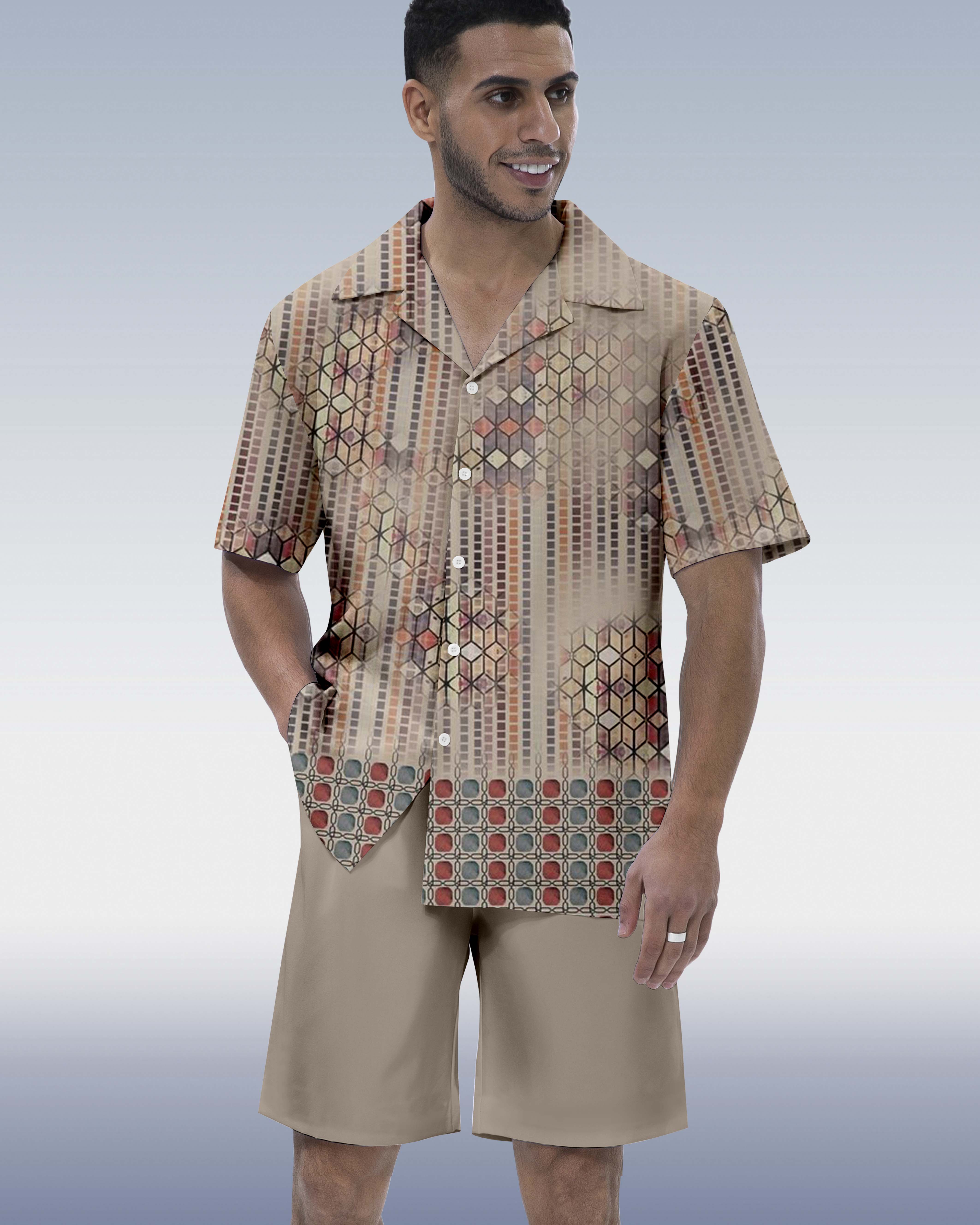 Costume hawaïen à manches courtes pour homme, imprimé ethnique ombré contrasté 070