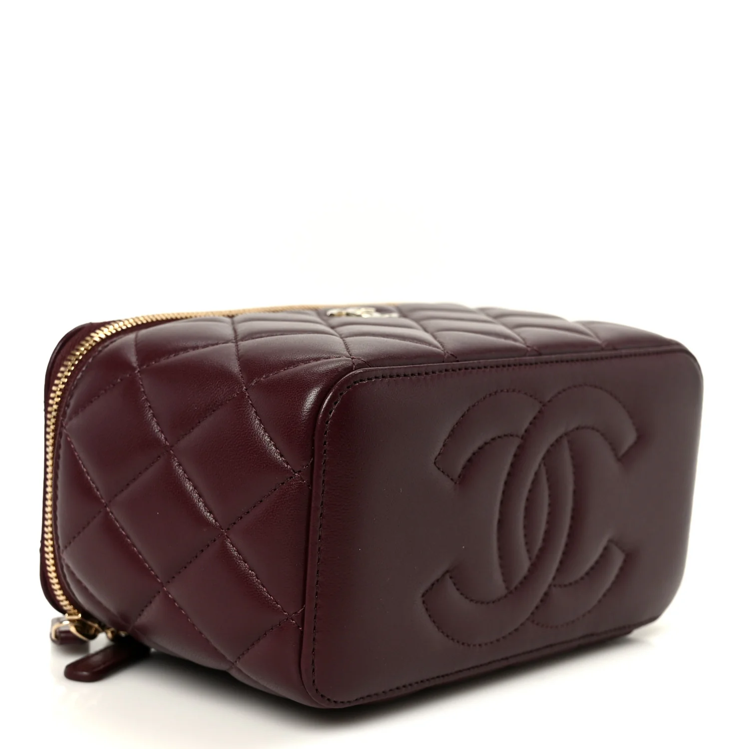 Lambskin Quilted Small Top Handle Vanity Case With Chain Burgundy