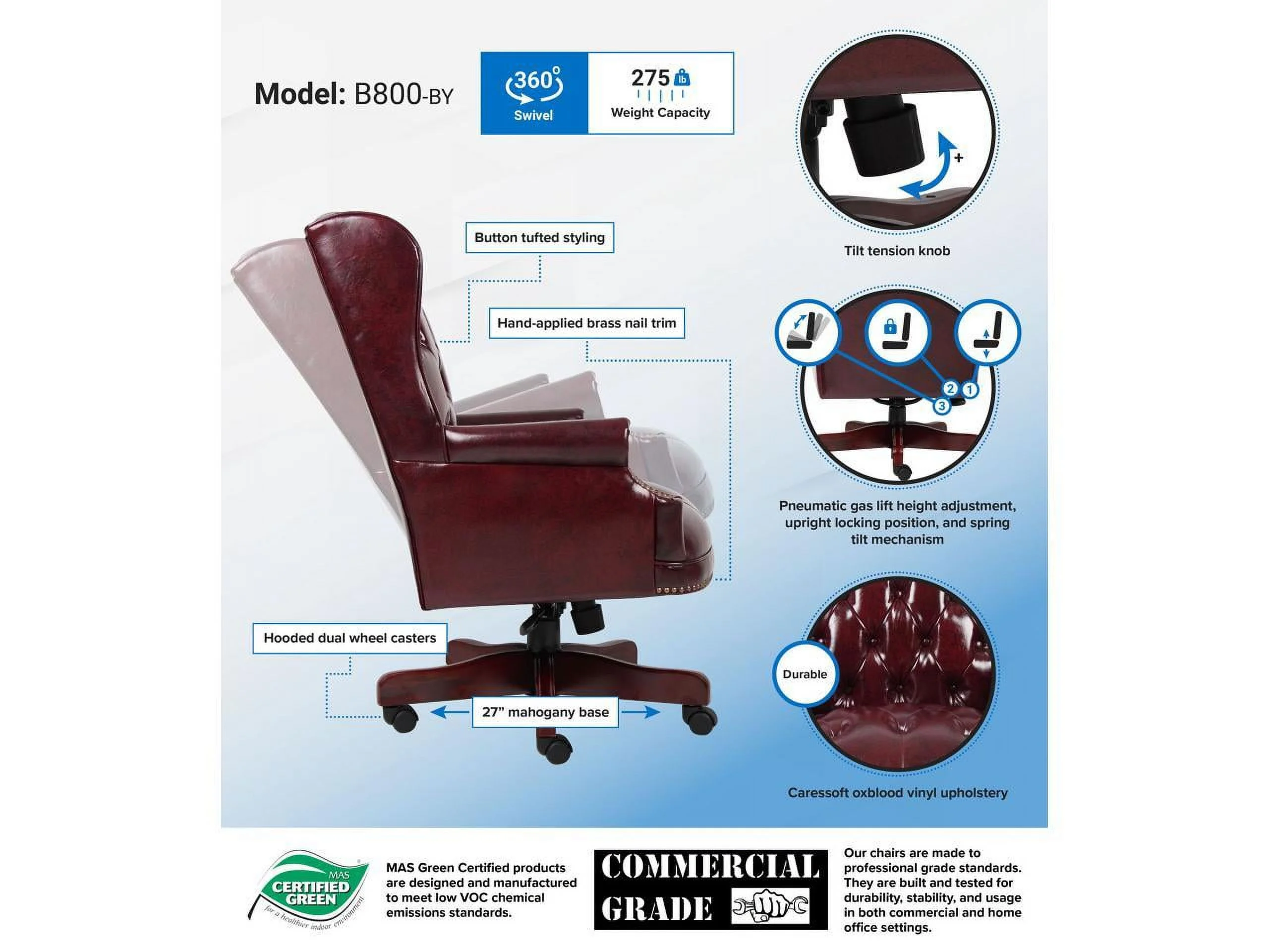 Traditional High Back Faux Leather Tufted Executive Chair, Oxblood(Oxblood) - Image 5