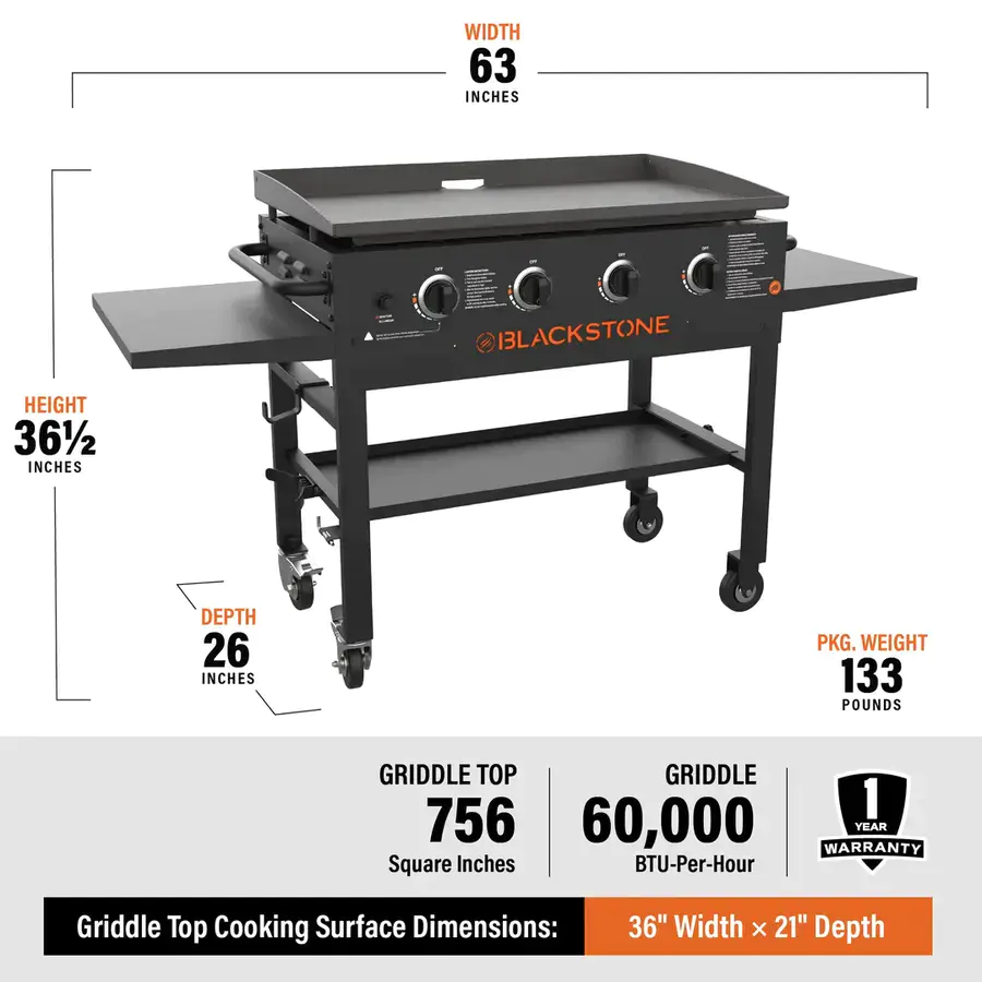 Plaque de cuisson Blackstone à 4 brûleurs de 91 cm avec tablettes latérales