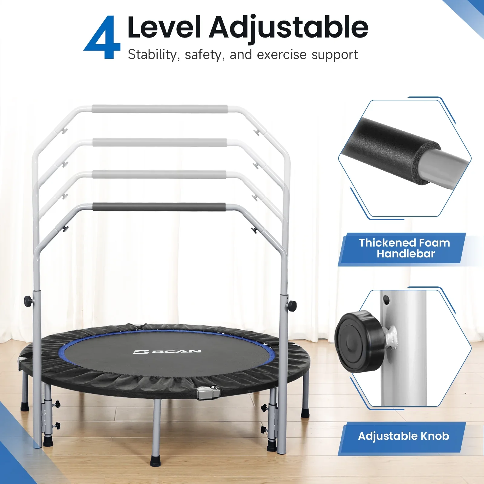 BCAN 40 Foldable Trampoline, Fitness Rebounder with Adjustable Foam Handle, Exercise Trampoline for Adults/kids Indoor/Garden Workout Max Load 330lbs