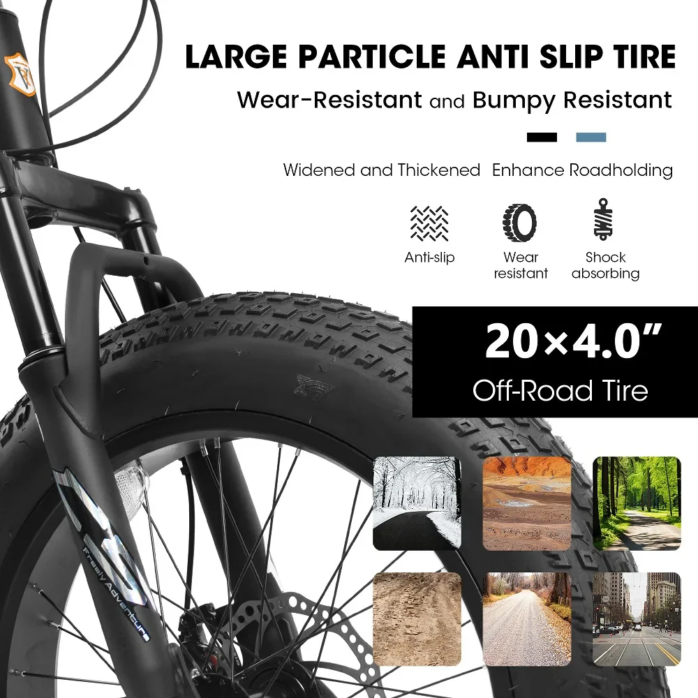 20 Inch Fat Tire Bike Adult 7 Speed Mountain Bike, Dual Disc Brakes, High Carbon Steel Frame, Front Suspension, Mountain Buggy, City Commuter City Bike, Fat Tire Bike   Black