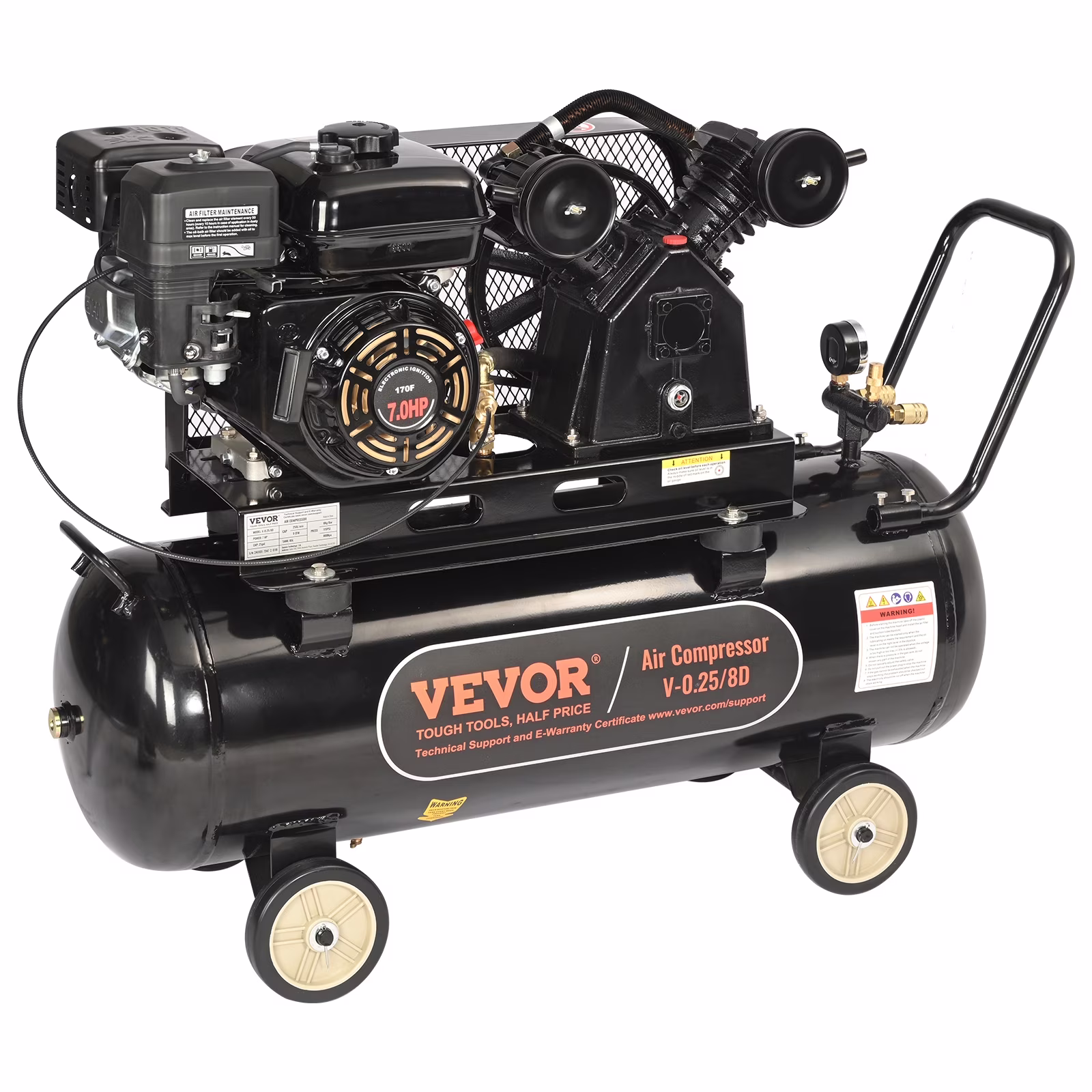 VEVOR 7HP Gas Powered Air Compressor, 21 Gallon Horizontal Air Compressor Tank, 9cfm@115psi Gas Driven Piston Pump Air Compressed System with 115PSI Max Pressure for Construction Sites Workshop