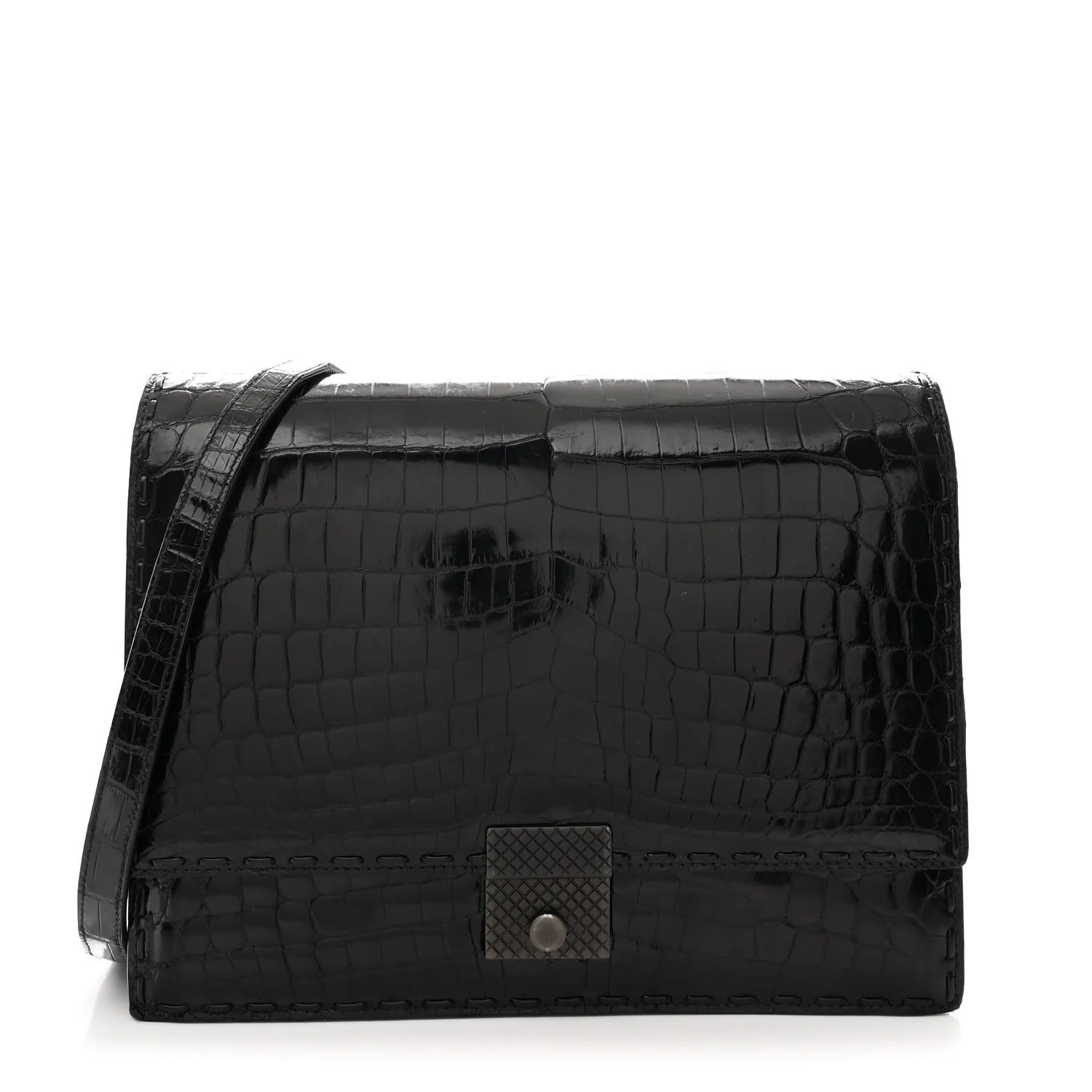 Crocodile Accordion Flap Shoulder Bag Black