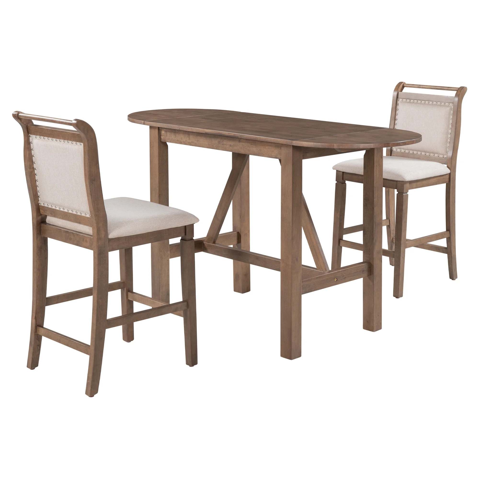 3 Piece Wood Folding Dining Table Set Drop Leaf Table with 2 Padded Counter Height Dining Chairs for Small Place, Brown(Brown) - Image 10