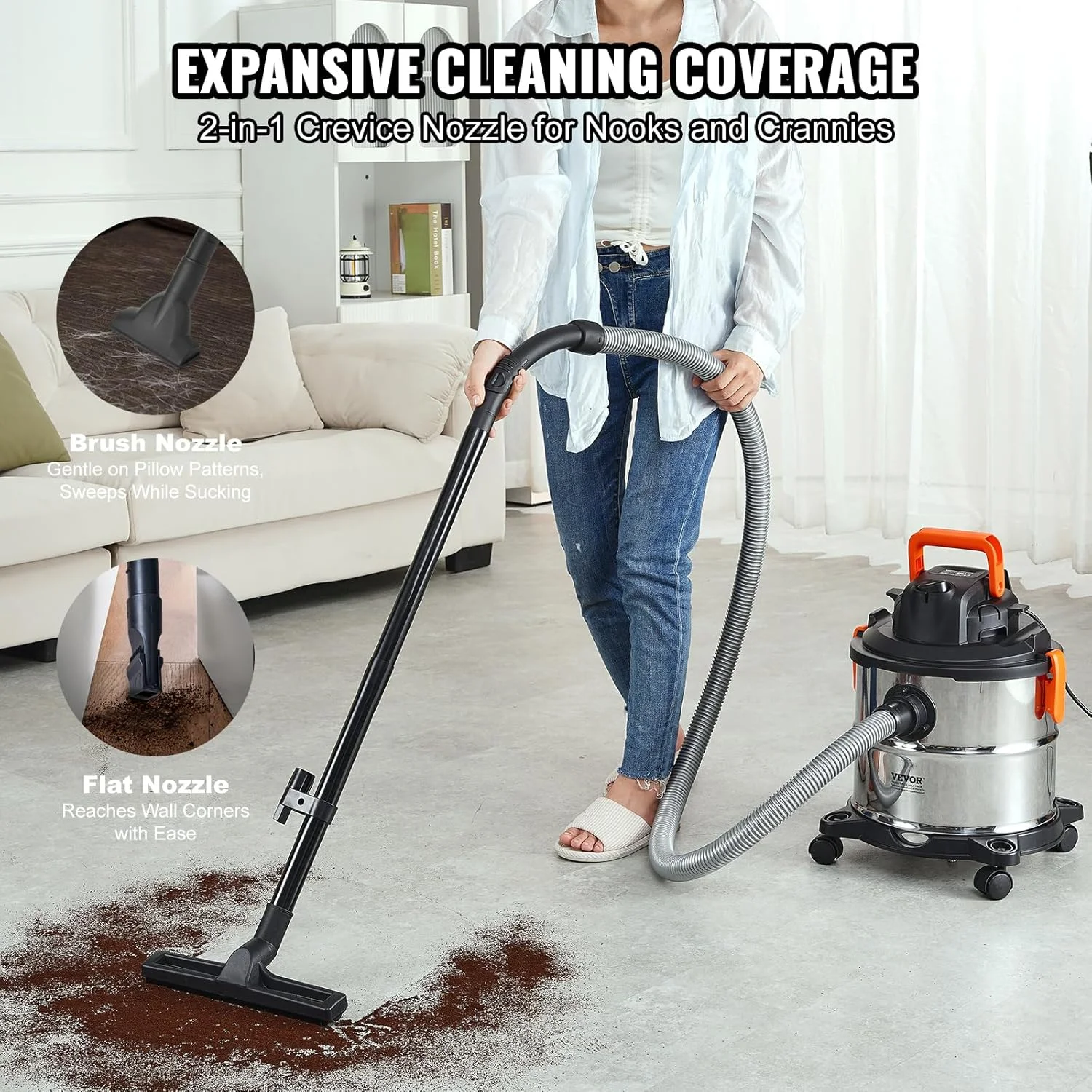 Stainless Steel Wet Dry Shop Vacuum, 5.5 Gallon 6 Peak HP Wet/Dry Vac, Powerful Suction with Blower Function w/Attachment 2-in-1 Crevice Nozzle, Small Vac Perfect for Carpet Debris, Pet Hair - Image 6