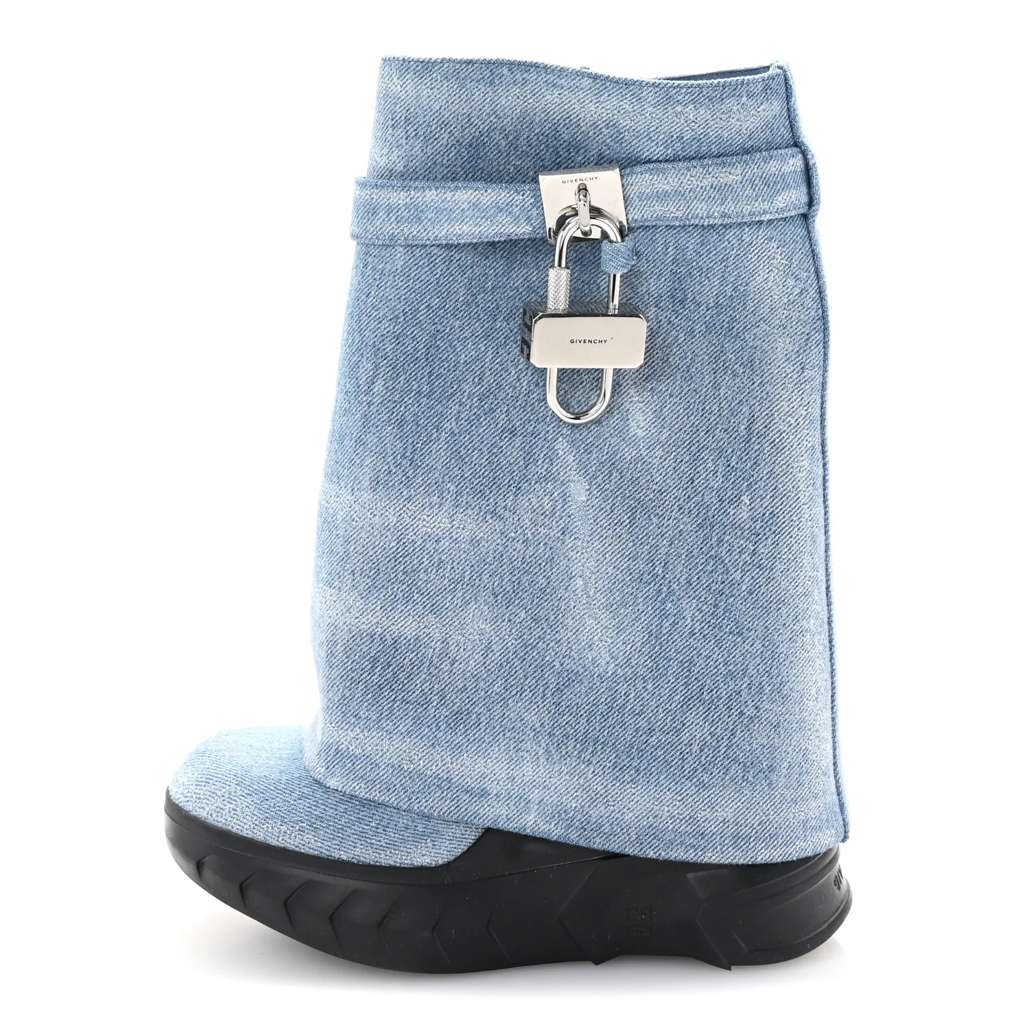 Washed Denim Shark Lock Biker Ankle Boots 35 Blue