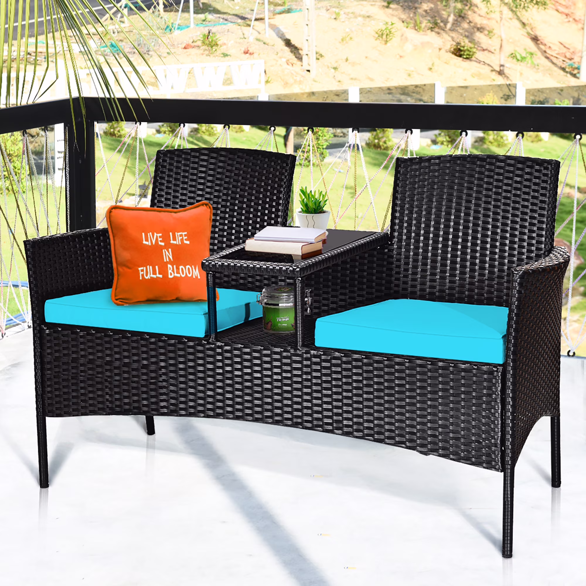 Patio Rattan Conversation Set Seat Sofa Cushioned Loveseat Chairs Turquoise(Turquoise)