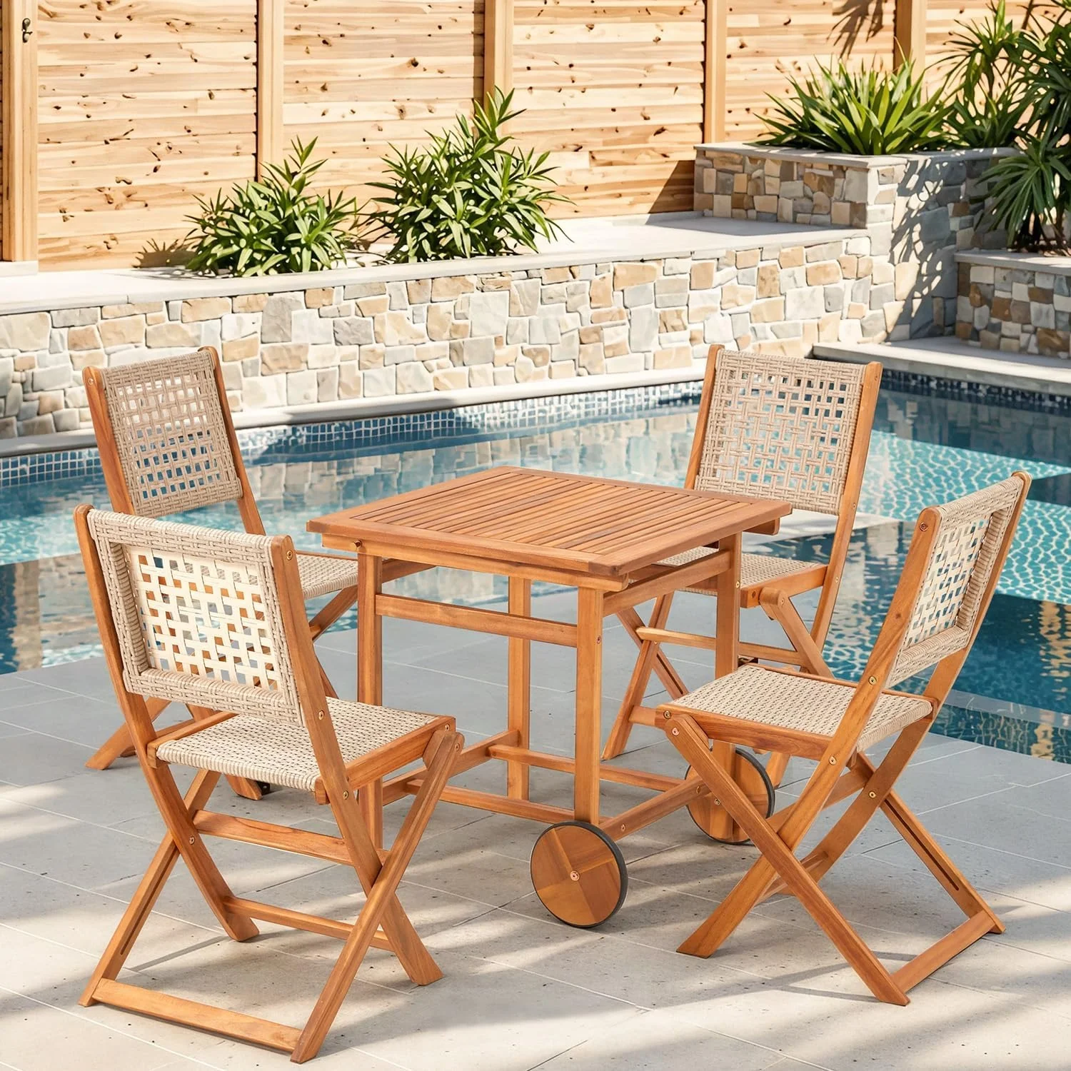 AECOJOY 5 Piece Outdoor Patio Dining Set, Acacia Wood Outdoor Table and Chairs with Wheels