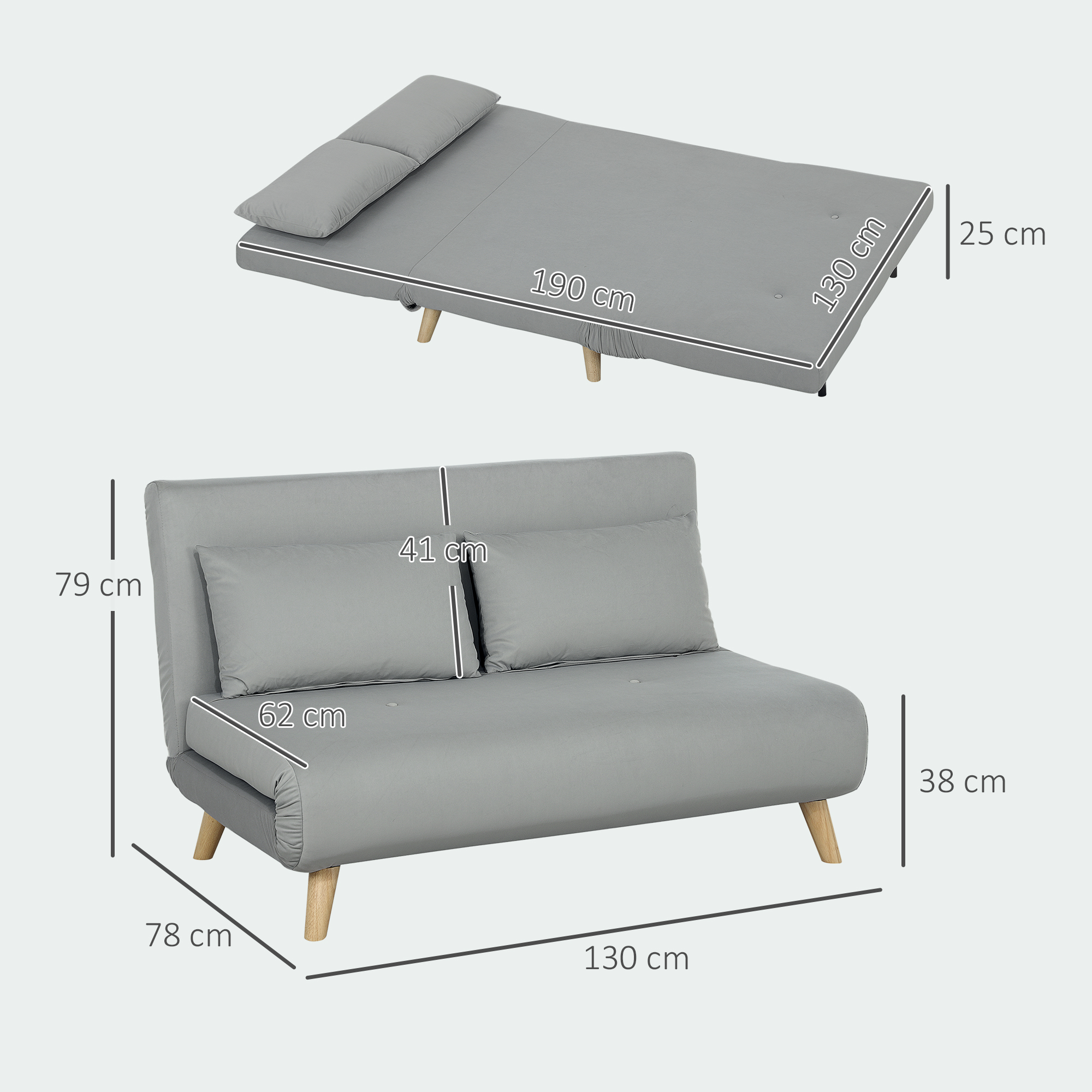 HOMCOM Slaapbank Relaxbank Bank Sofa, incl. 2 Kussens, Fluweel Look, 130 x 78 x 79 cm, Lichtgrijs
