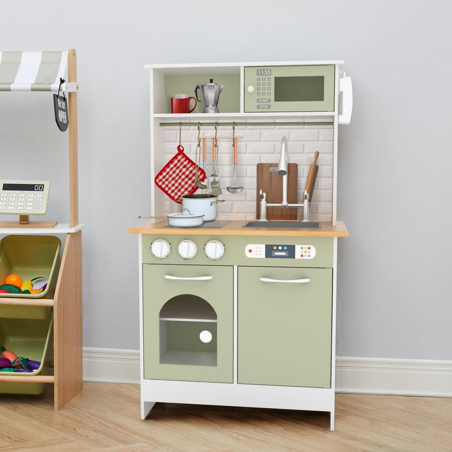 Little Chef Boston Modern Kitchen Playset. 9 Pcs Acc Set. Oven. Microwave. Burner. Sink. White/Green - Image 2