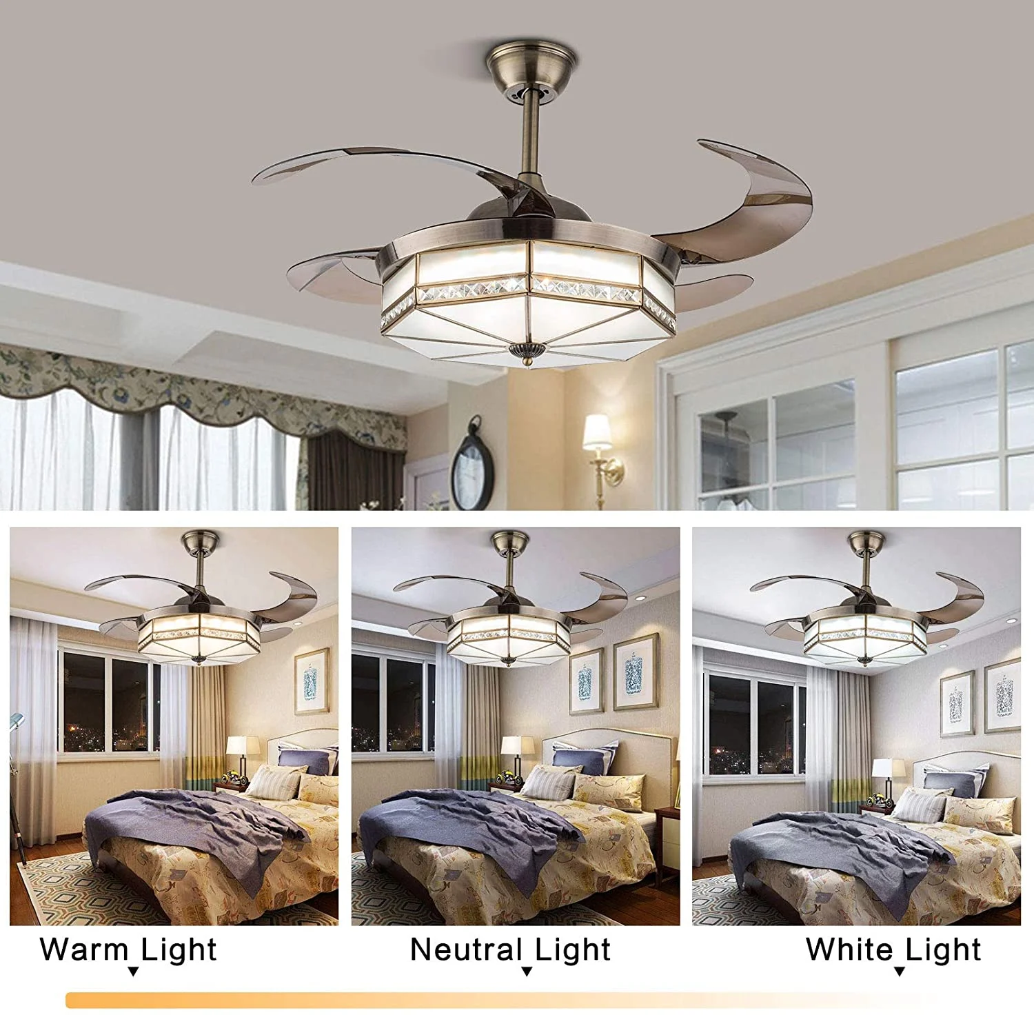 42" Retractable Chandelier Fan Painted Style Ceiling Fan with Light and Remote Control White Chandelier Fan Lamp 3 Speed Chic Crystal Ceiling Fan Lamp 3 Color Chandelier Living Room Decor