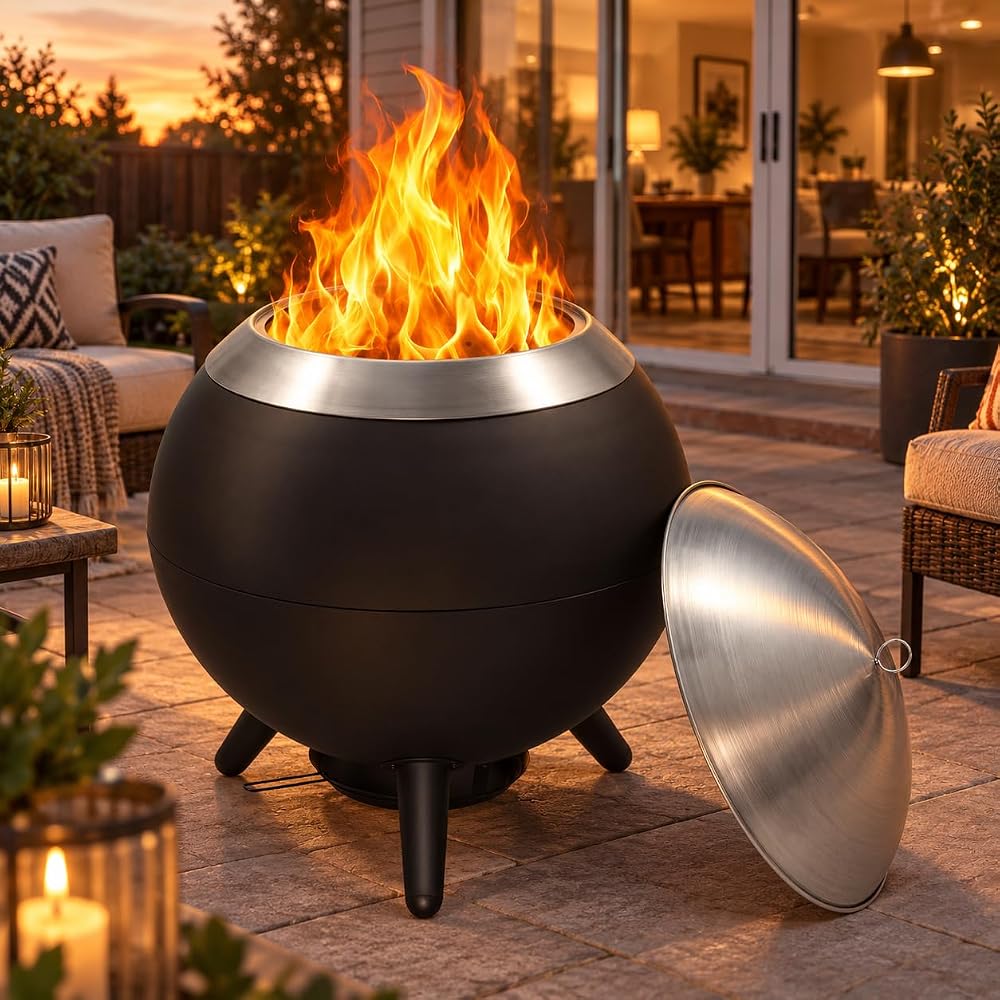 26 Inch Smokeless Firepit with Grill, Outdoor Portable Fire Pit, Stainless Wood Burning Stove, Fire Pit with Removable Ash Pan, Patio, Backyard, Camping and Bonfire