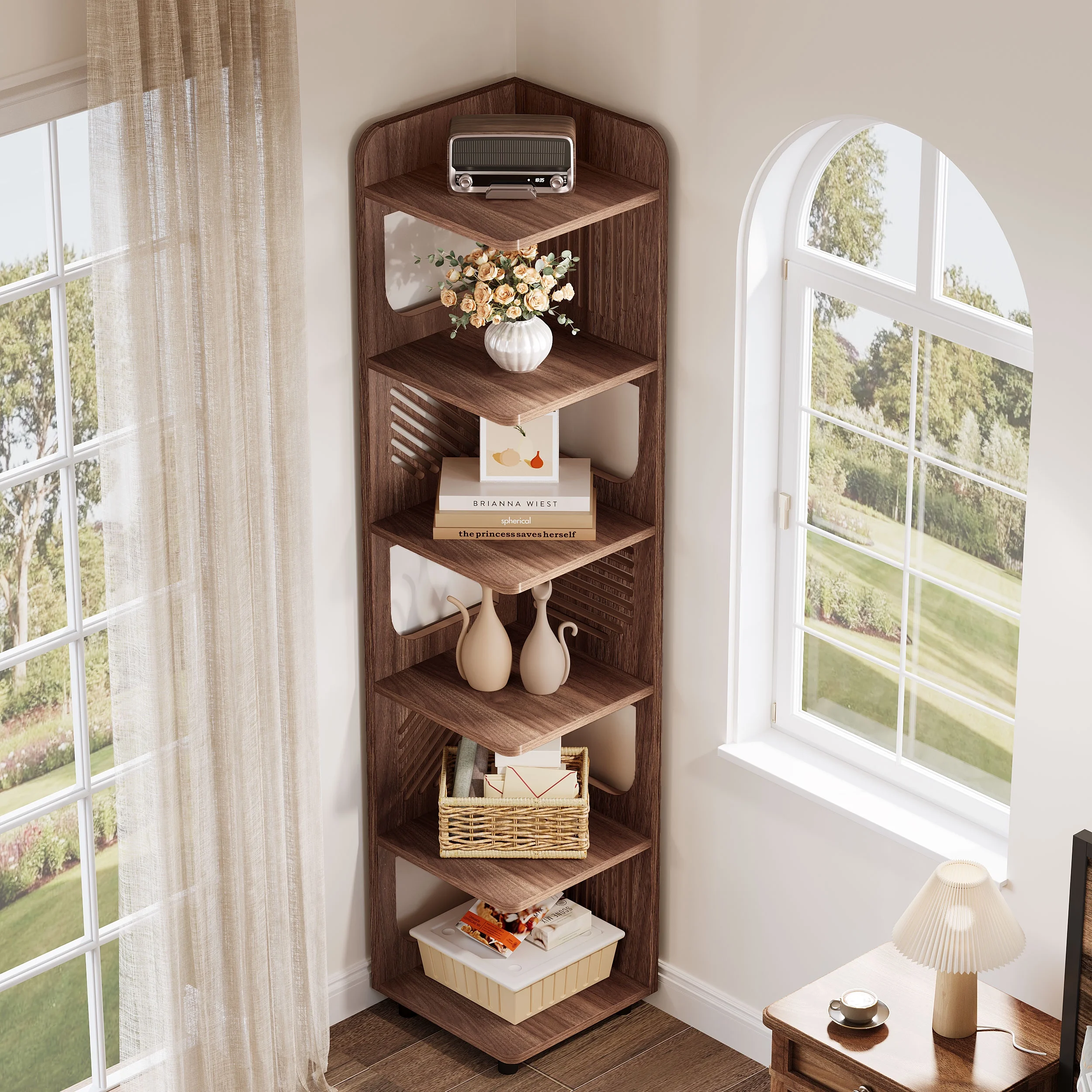 Fnova 71" 6 - Tier Tall Corner Bookshelf, Rustic Wooden Narrow Corner Bookcase with Artistic Square Rack, Freestanding Display Storage Shelf for Space - Saving Home Organizing
