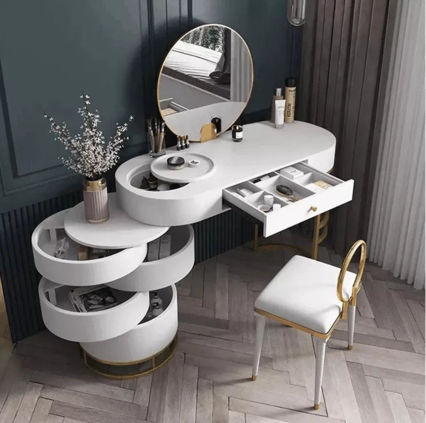 Coiffeuse avec meuble pivotant, miroir et tabouret inclus