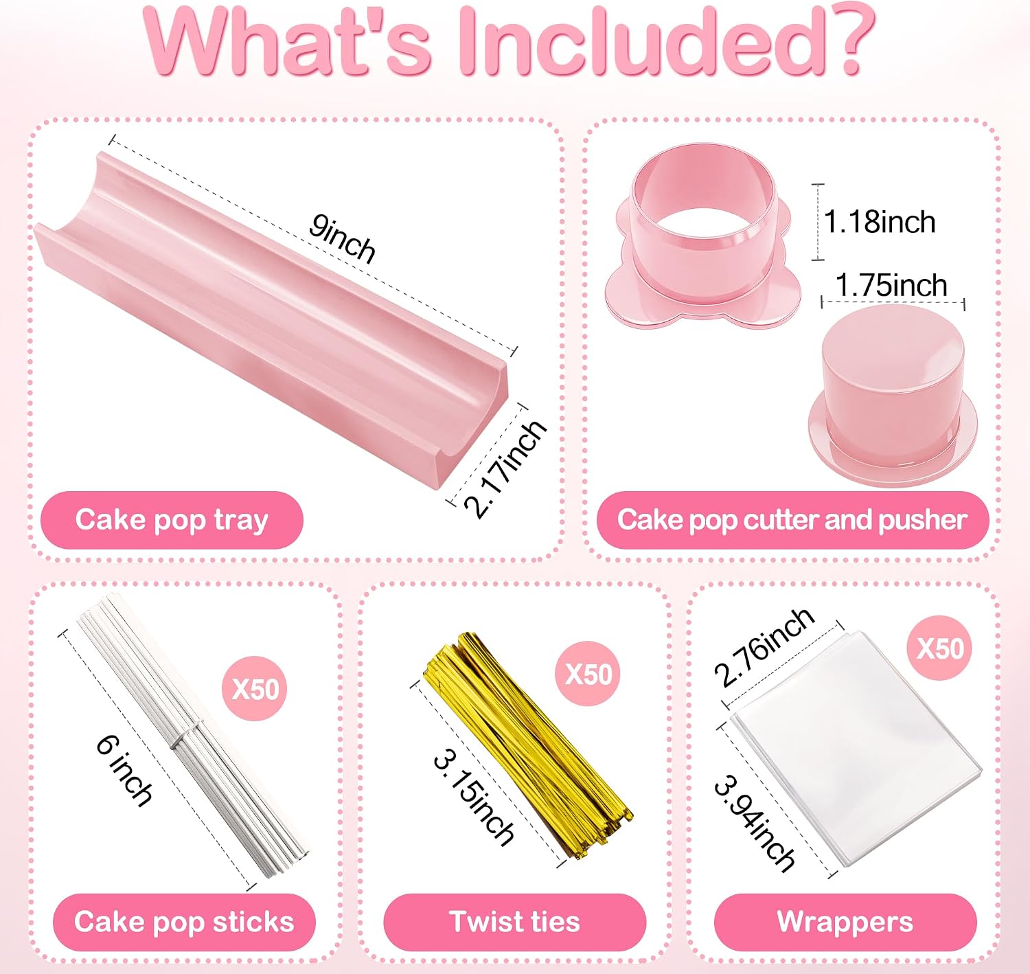 Round Cake Pop Mold Set with 50PCS Sticks, Bags, Ties, 1.75 Inch Cake Pop Cutter and Pusher, Dishwasher Safe Baking Molds for Birthday Wedding Kids Party Desserts-Pink