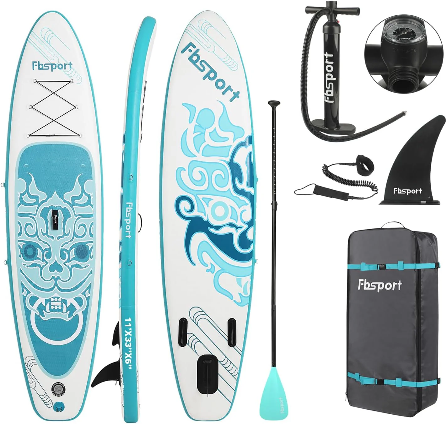 Planche de SUP premium FBSPORT 11', planche de yoga avec accessoires SUP résistants et sac de transport | Position large, contrôle des vagues, pont antidérapant, leash, pagaie et pompe inclus pour enfants et adultes