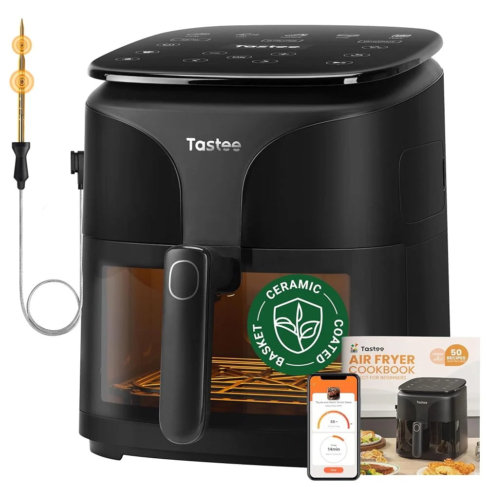 Tastee Ceramic Air Fryer, 8-in-1 Compact 5.5QT AirFryers, 450°F Digital Airfryer Dehydrator with Smart Probe, 24 Presets One-touch Cooking, In-app Recipes with Window, Dishwasher-safe & Non-stick
