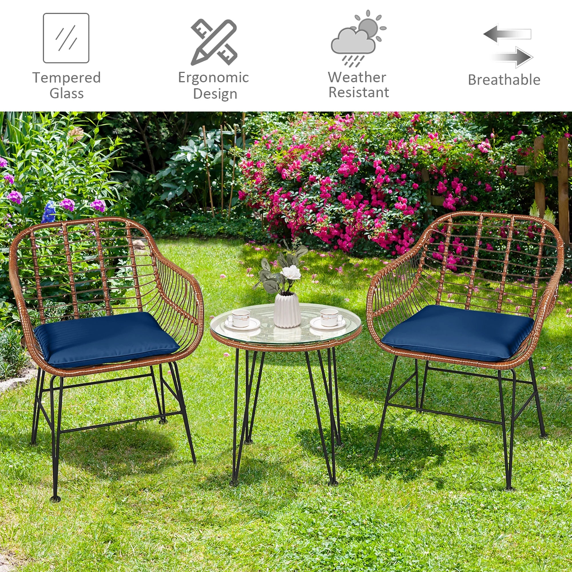 Costway 3PCS Patio Rattan Bistro Set Coffee Table Armchair Garden Red Cushion