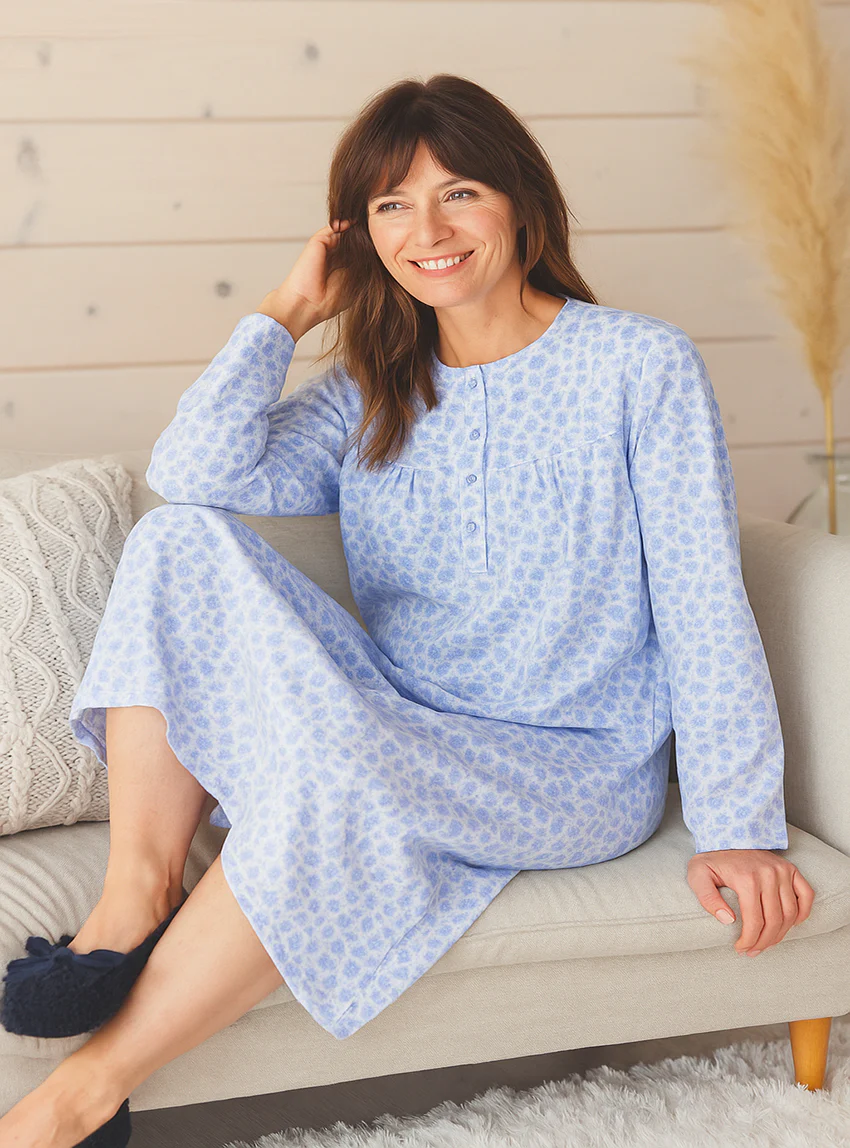 Chemise de nuit femme imprimée en coton pois bleus