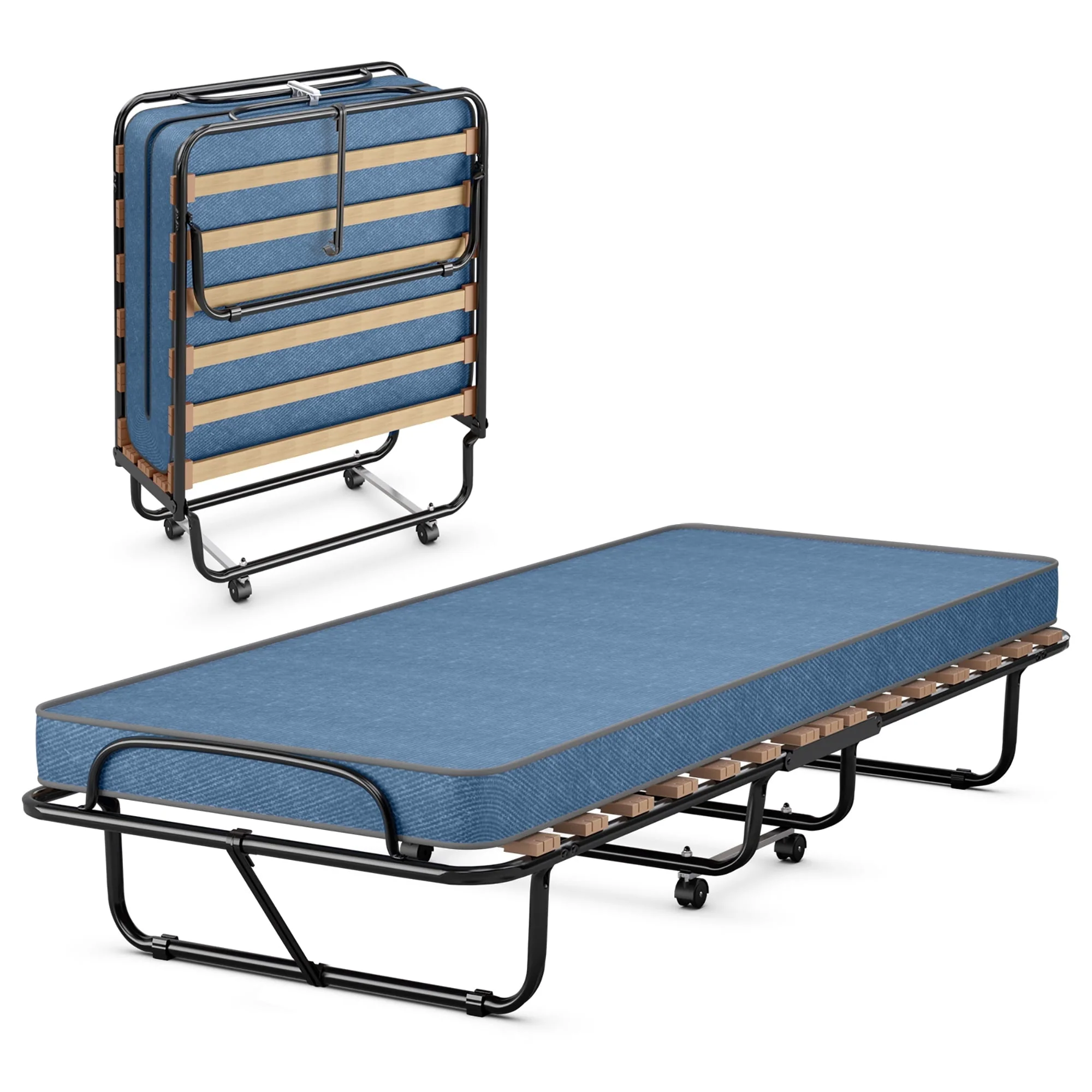 Costway Portable Folding Bed with Memory Foam Mattress Rollaway Cot Navy Made in Italy