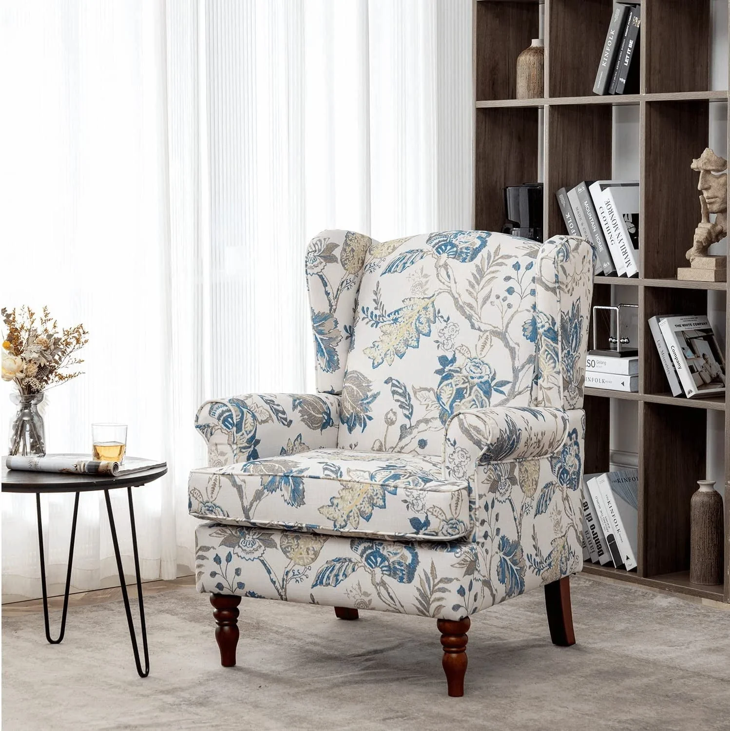 Upholstered Accent Chair, Floral Print Fabric Armchair,Blue(Blue)