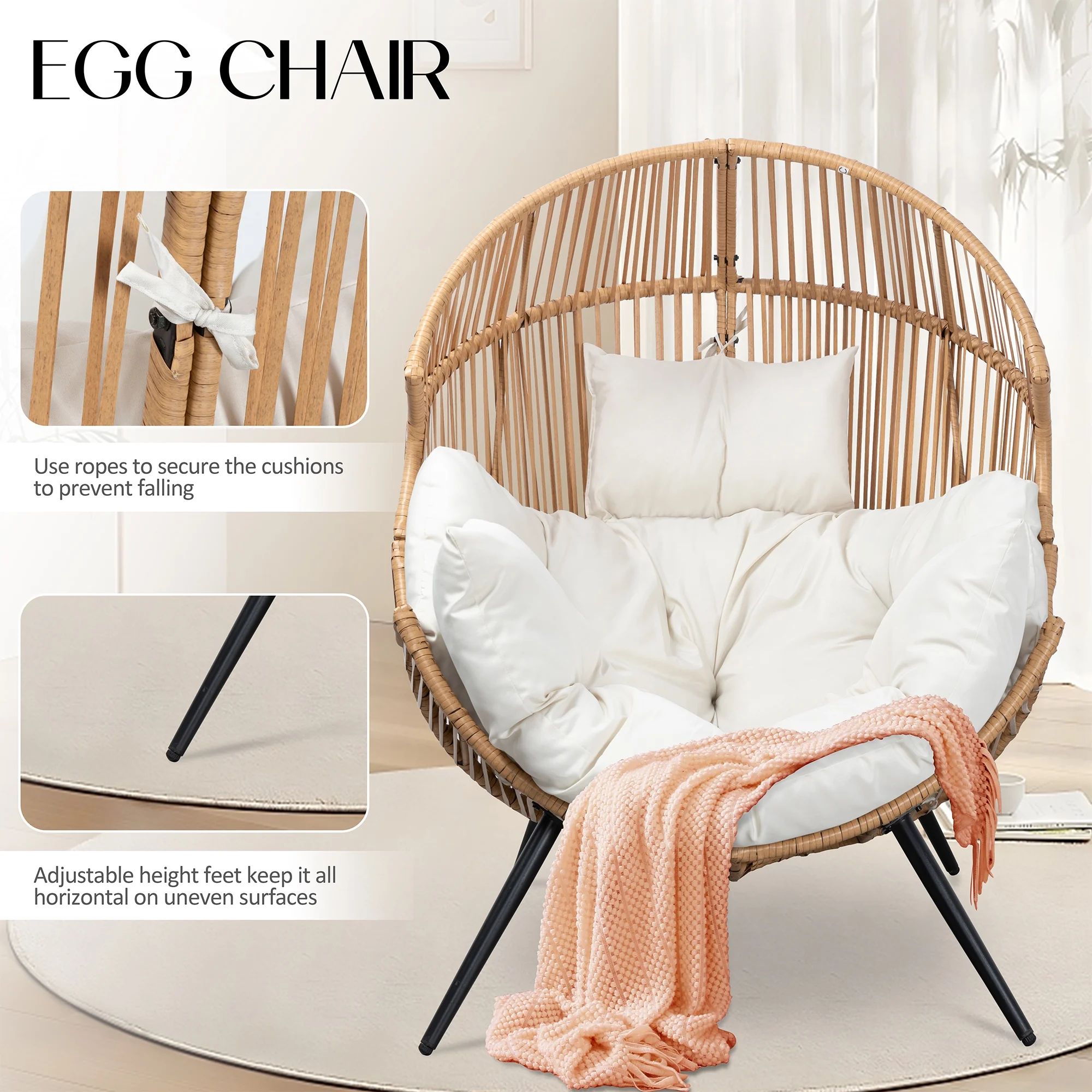 Egg Chairs Outdoor Patio Wicker Oversized Egg Shell Lounger Lawn Chair with Cushion for Indoor Outside Porch Balcony Backyard, Original Wood Color Rattan Beige Cushion(Wooden Color Rattan Beige Cushion/No-Rocking) - Image 6