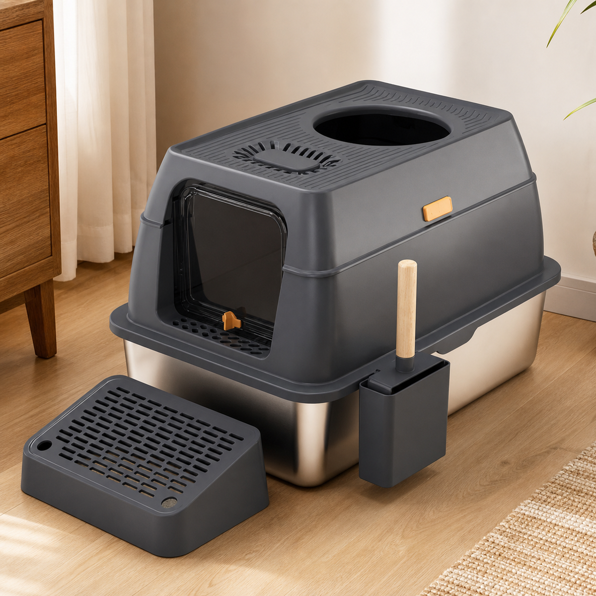 Stainless Steel ABS Combined Cat Litter Box Fully Enclosed Dual Access Design Ventilated Top Matching Litter Scoop for Home Pet