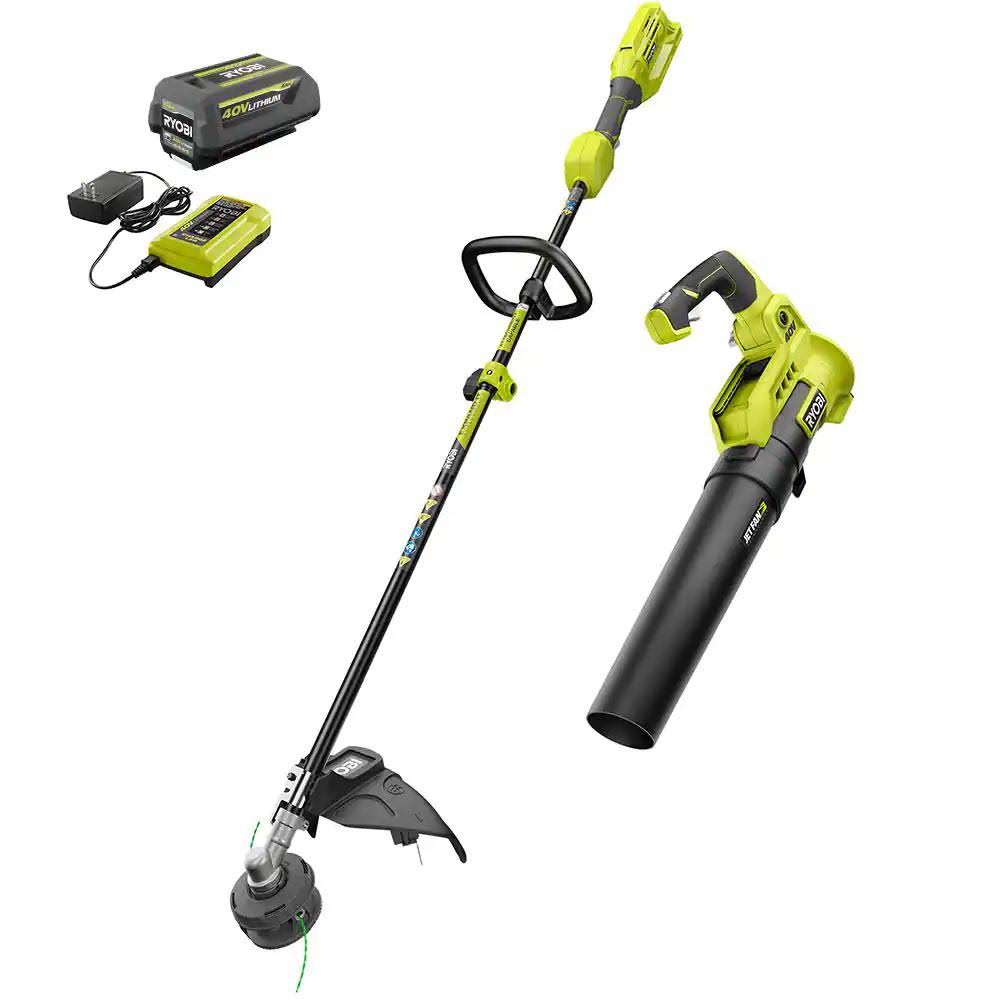 Ryobi 40V Cordless Battery Attachment Capable String Trimmer and Leaf Blower Combo Kit Multicolor