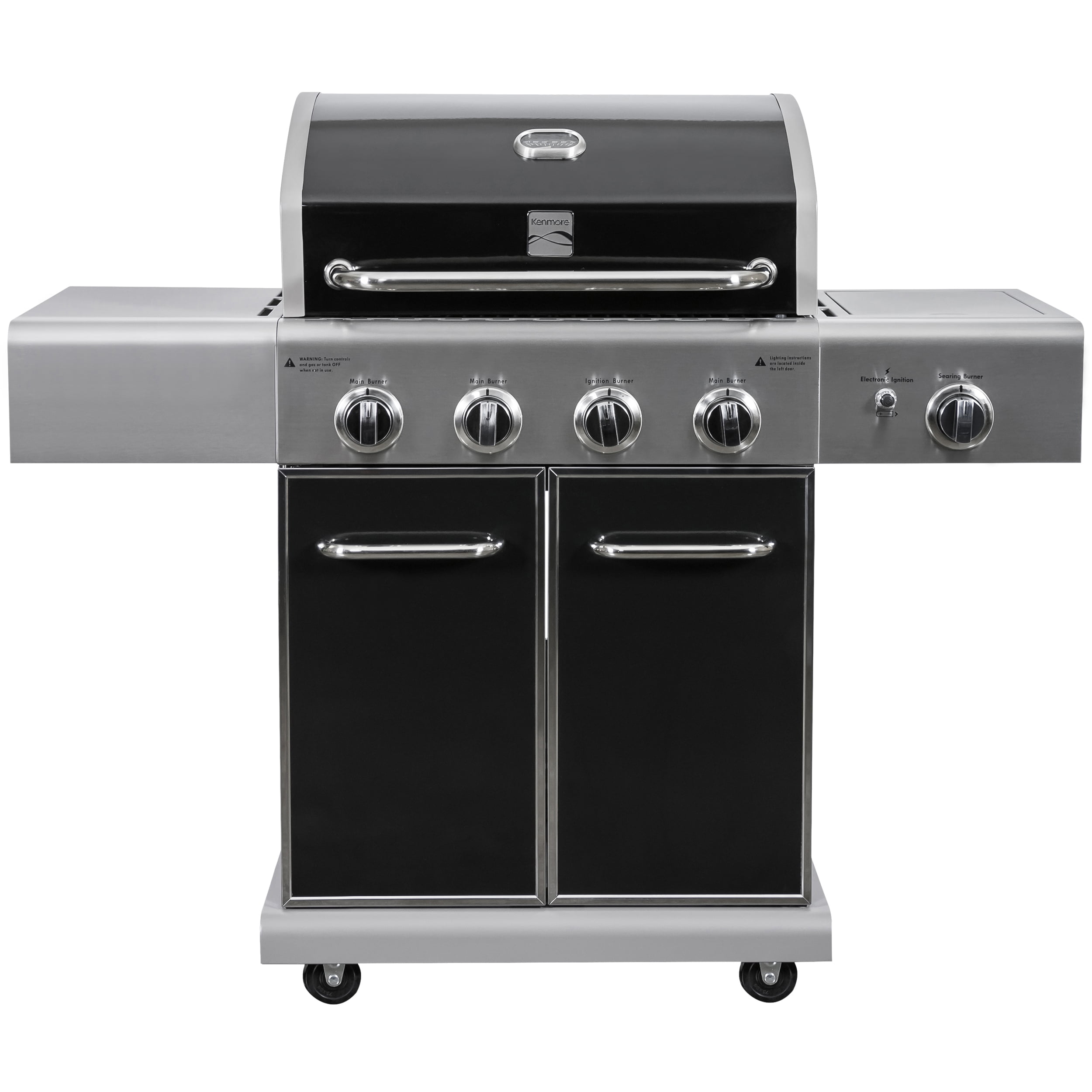 4-Burner Outdoor Propane Gas Grill with Searing Side Burner. Stainless Steel with Black Trim