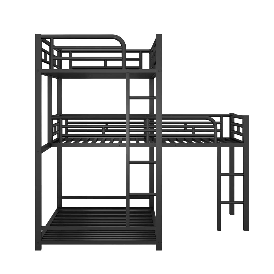L Shaped Triple Bunk Bed for 3, Metal Triple Twin Size Bunk Beds Frame with Integrated ladder and Full-length Guardrails, Corner Triple Bunk Beds for Kids,Teens and Adults, Black - Image 5