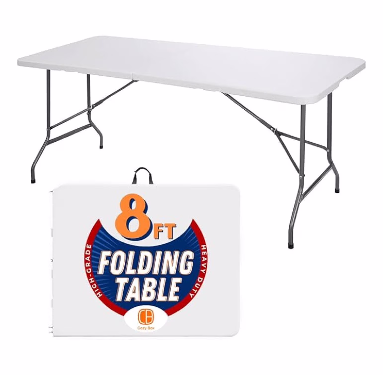 8FT Folding Table Indoor Outdoor Heavy Duty Portable Folding Plastic Dining Table W/Handle, Lock for Picnic, Party, Camping - White (4ft, 6ft, 8ft) (8ft)