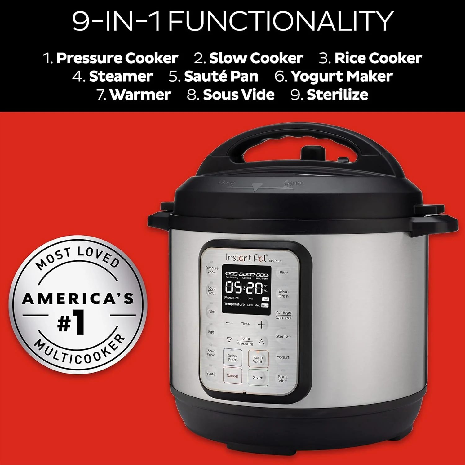 Multicuiseur 9 en 1 : autocuiseur, mijoteuse, cuiseur à riz, cuiseur vapeur, fonction sauté, yaourtière, chauffe-plat et stérilisateur. Application avec plus de 800 recettes incluse. Acier inoxydable. Capacité : 6 litres.