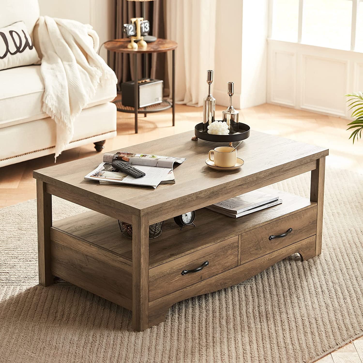 Farmhouse Coffee Table with Storage, Wood Coffee Table for Living Room, Open Display Area and Storage Drawers with Metal Handles, Chic Style with Curved Base, Brown(Black) - Image 10