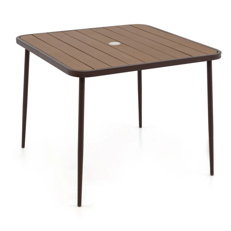 5 Pieces Patio Dining Set, 4 Cushioned Rattan Armchairs & Square Table with Wood-Plastic Tabletop & Umbrella Hole